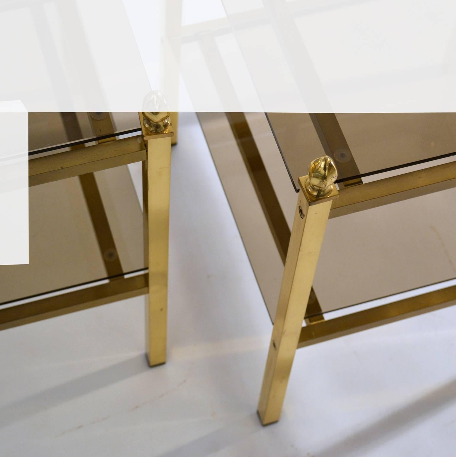 Pair of Brass Side Tables with Glass Shelves in Maison Charles Style  2