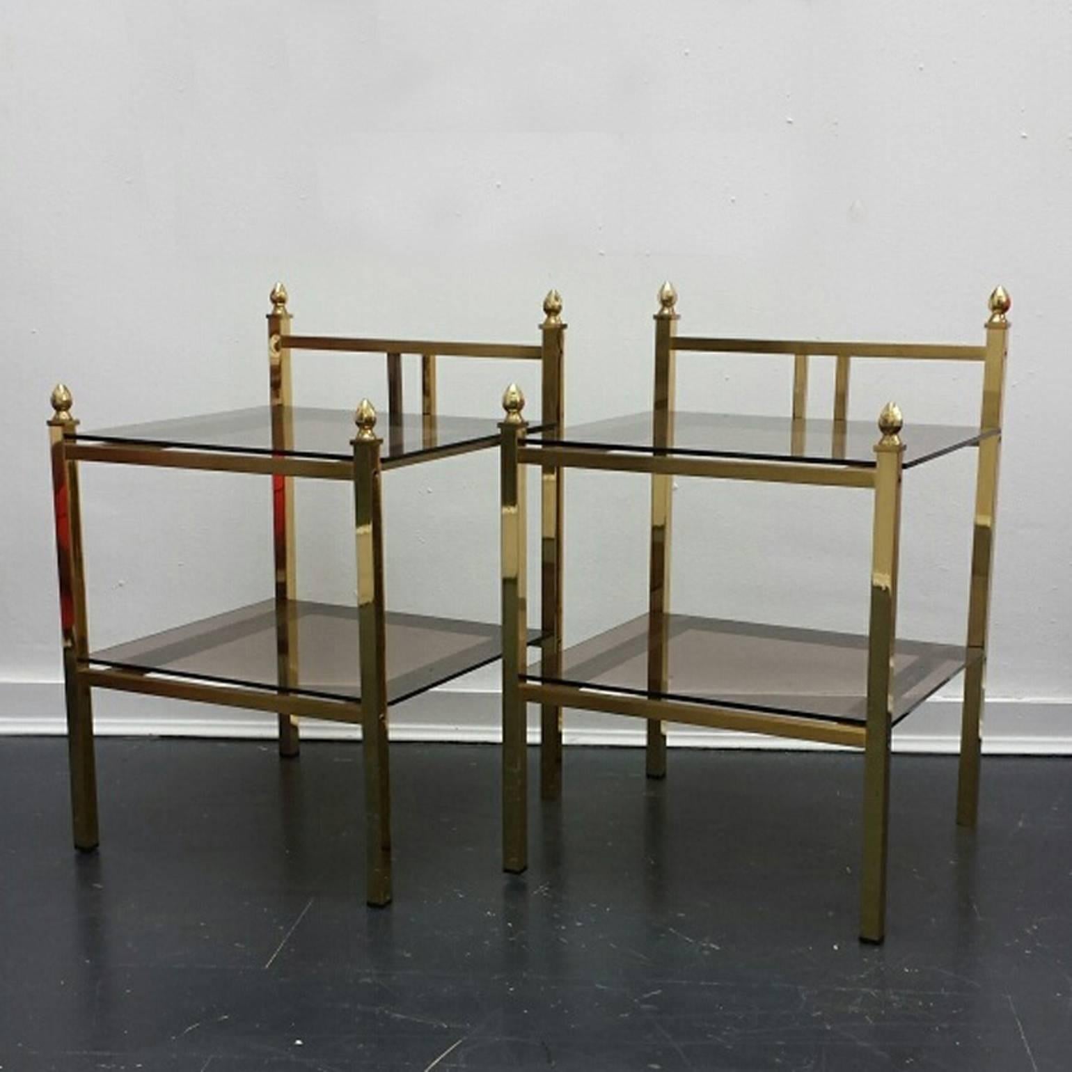 Pair of Brass Side Tables with Glass Shelves in Maison Charles Style  3