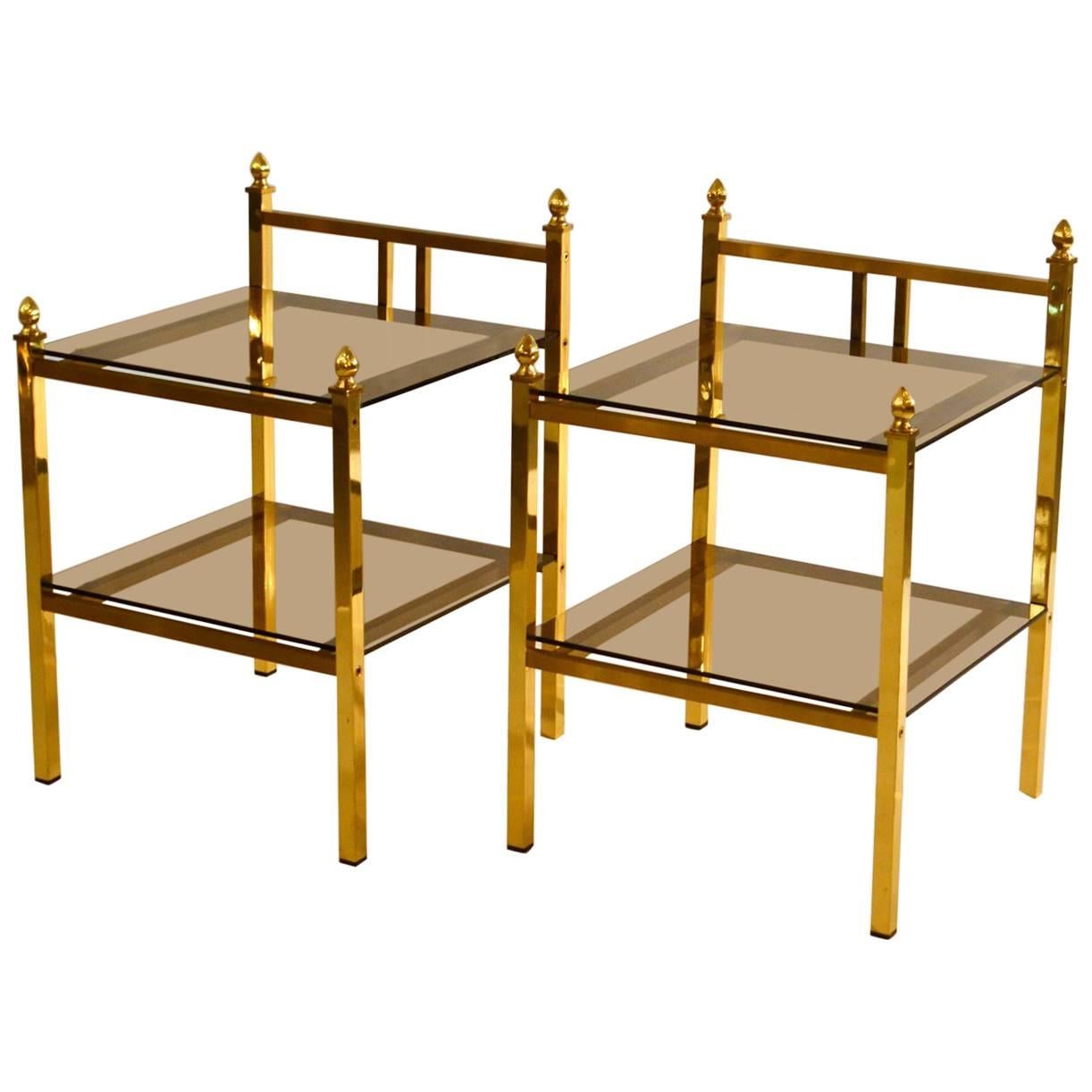 Pair of Brass Side Tables with Glass Shelves in Maison Charles Style 