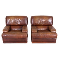 1970s Pair of French Mid-Century Modern Oversized Cognac Lounge Armchairs