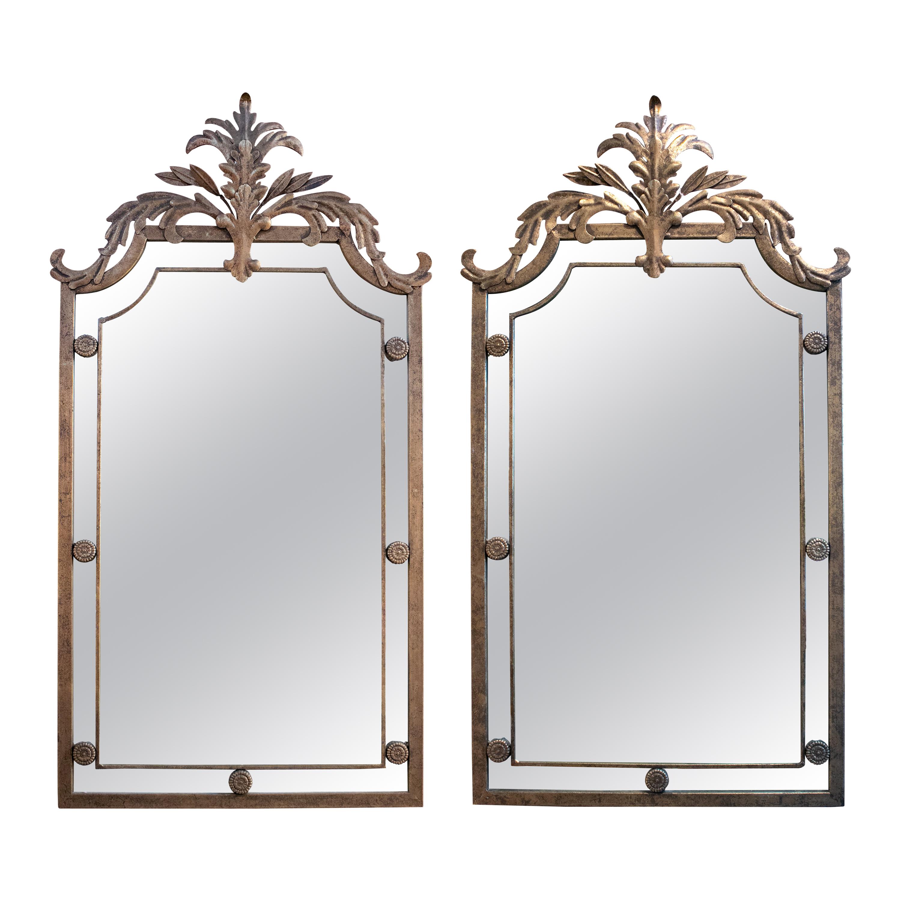 1970s Pair of French Mirrors with Ornamental Crest Iron Frame