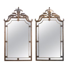 Retro 1970s Pair of French Mirrors with Ornamental Crest Iron Frame