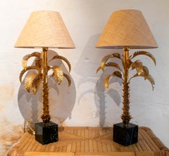 1970s Pair of French Palm Shaped Brass Table Lamps with Marble Base