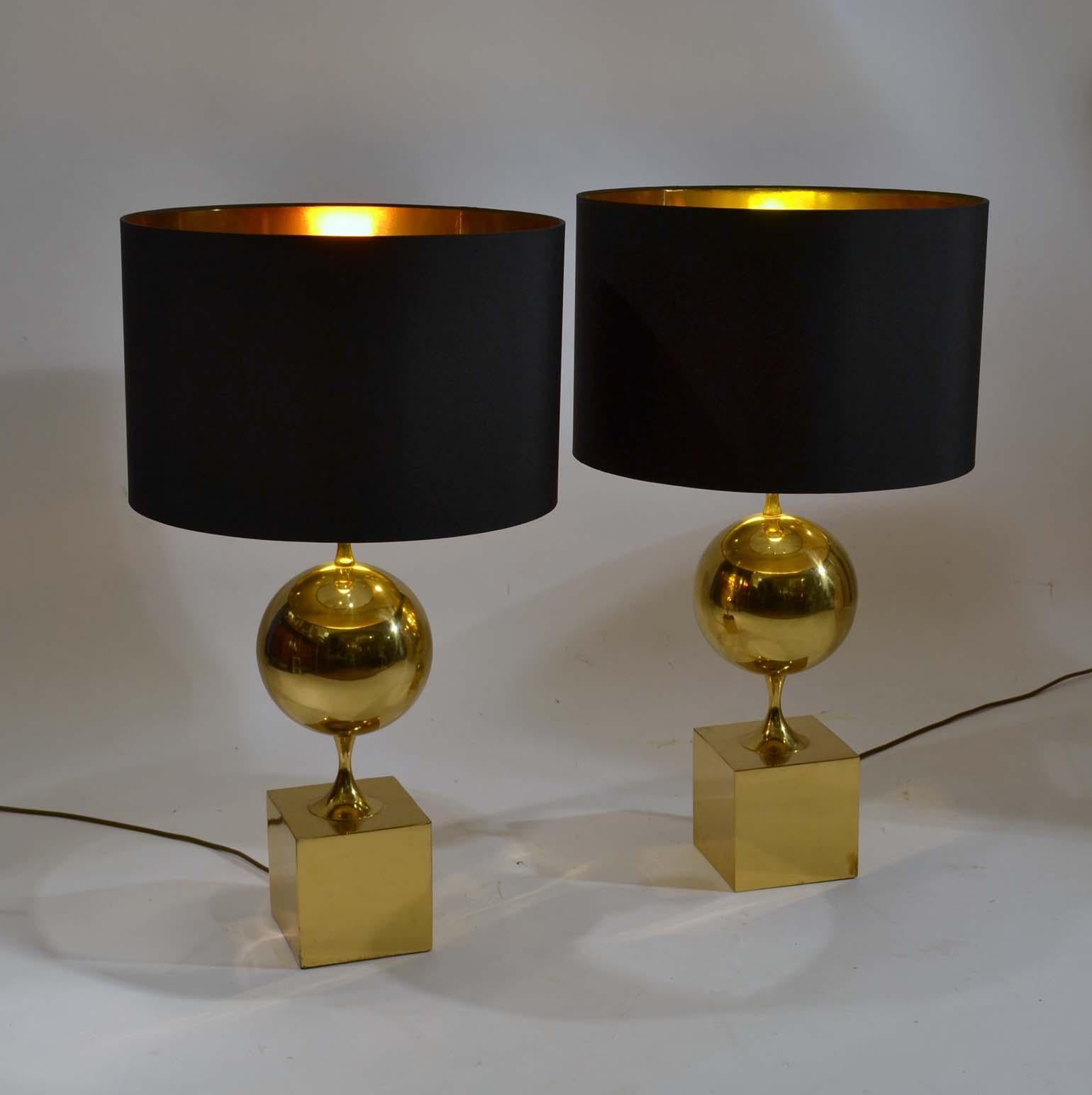 Hollywood Regency 1970s Pair of Geometric Brass Table Lamps by Maison Philippe Barbier, France