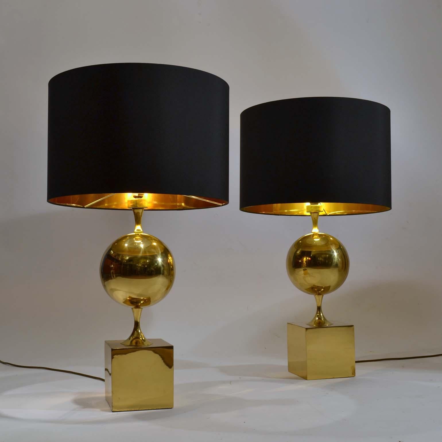 1970s Pair of Geometric Brass Table Lamps by Maison Philippe Barbier, France In Excellent Condition In London, GB