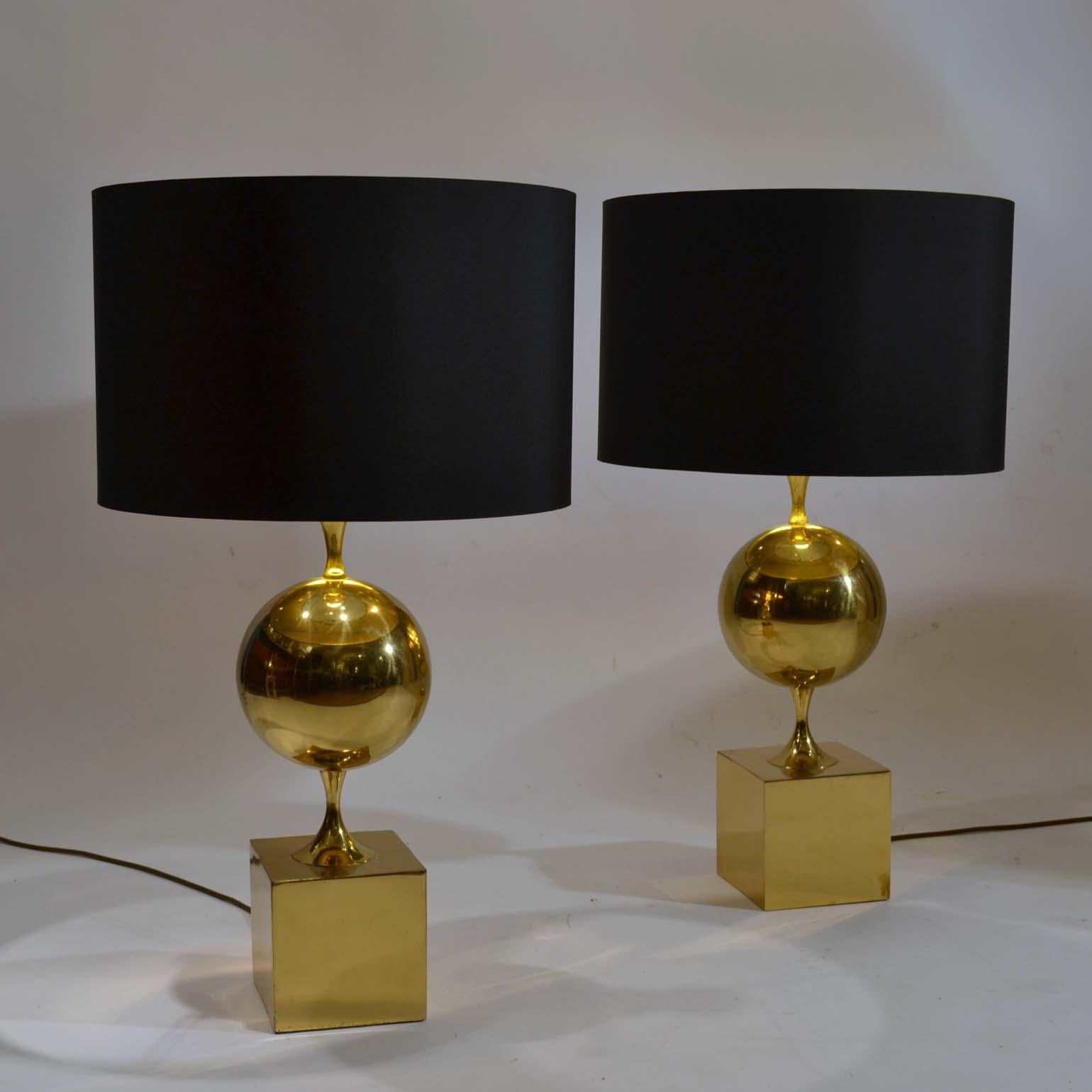 Late 20th Century 1970s Pair of Geometric Brass Table Lamps by Maison Philippe Barbier, France