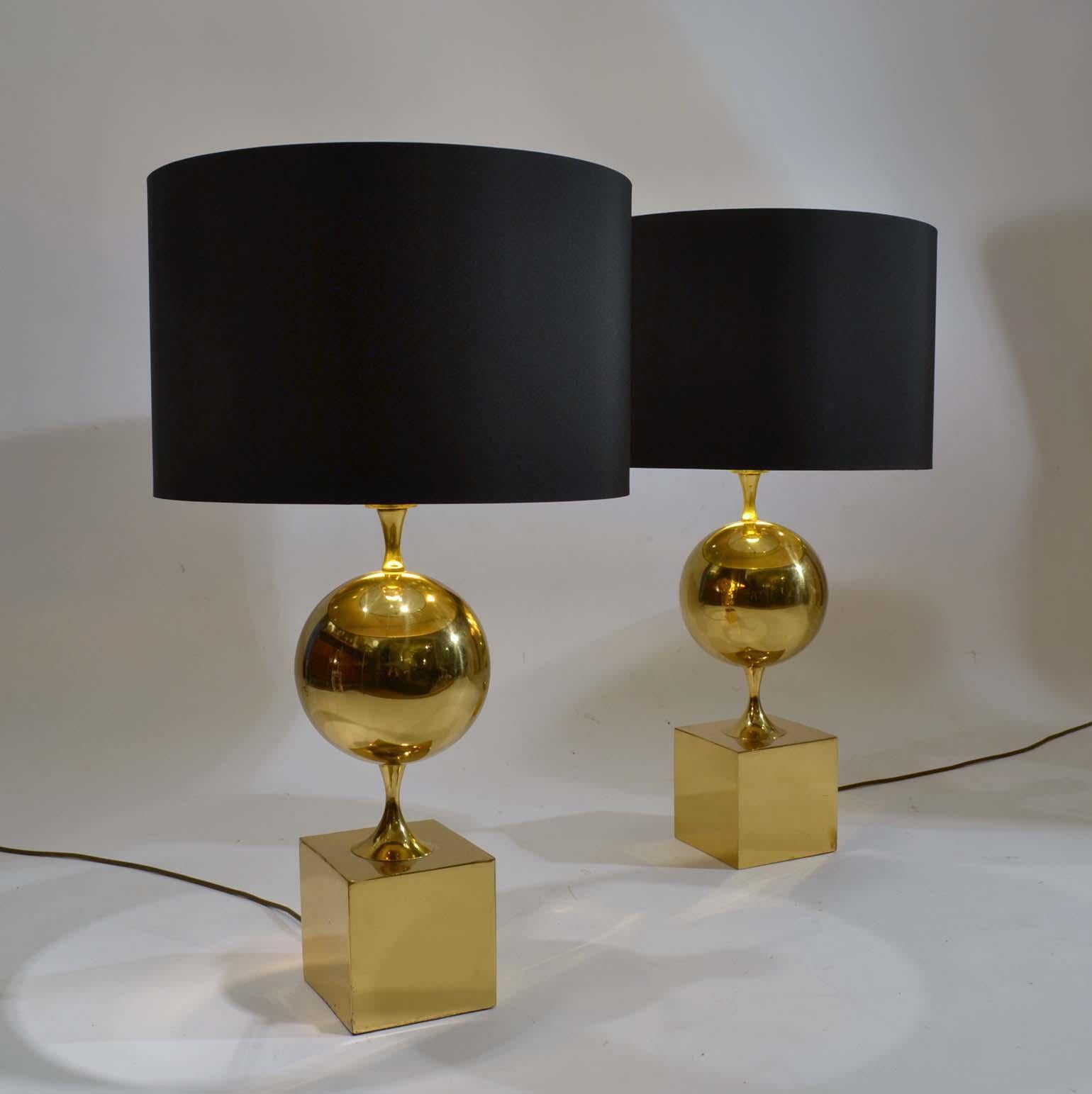 1970s Pair of Geometric Brass Table Lamps by Maison Philippe Barbier, France 1