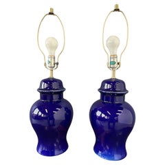 Paar Ingwerglas-Lampen aus Keramik in Kobaltblau von CN Burman, 1970er Jahre