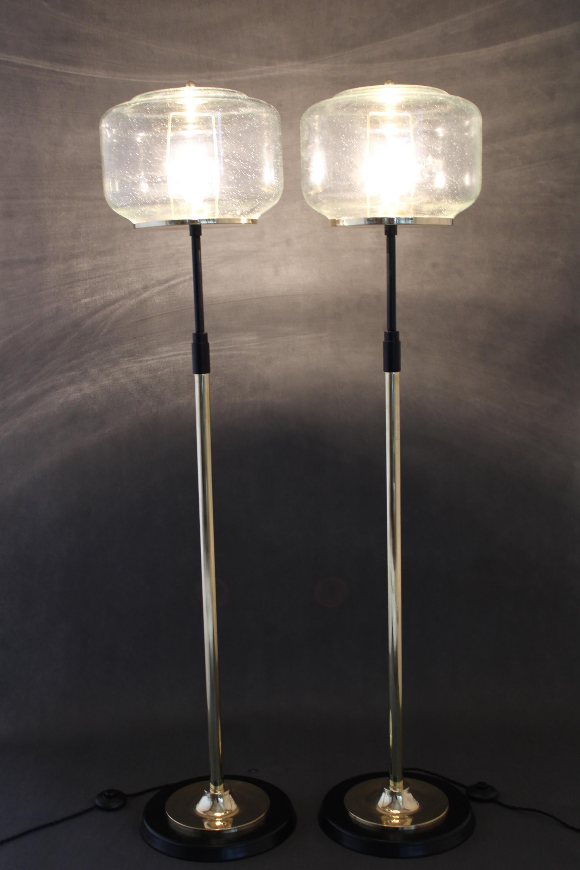 Mid-Century Modern 1970s Pair of Glass Brass Floor Lamps by Kamenicky Senov , Czechoslovakia For Sale