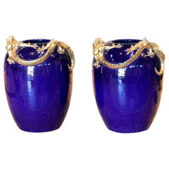 1970s Pair of Glass Vases with Golden Dragons