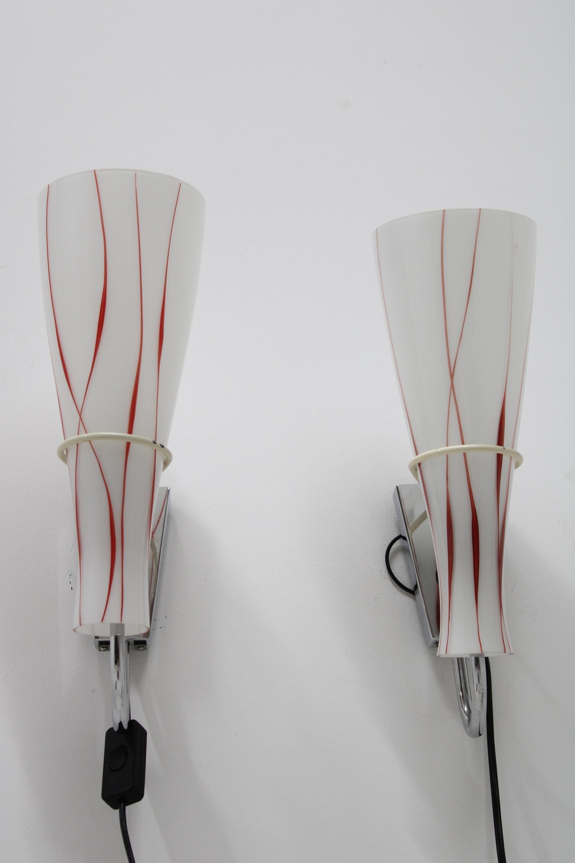 1970s Pair of Glass Wall Lamps , Czechoslovakia In Good Condition For Sale In Praha, CZ