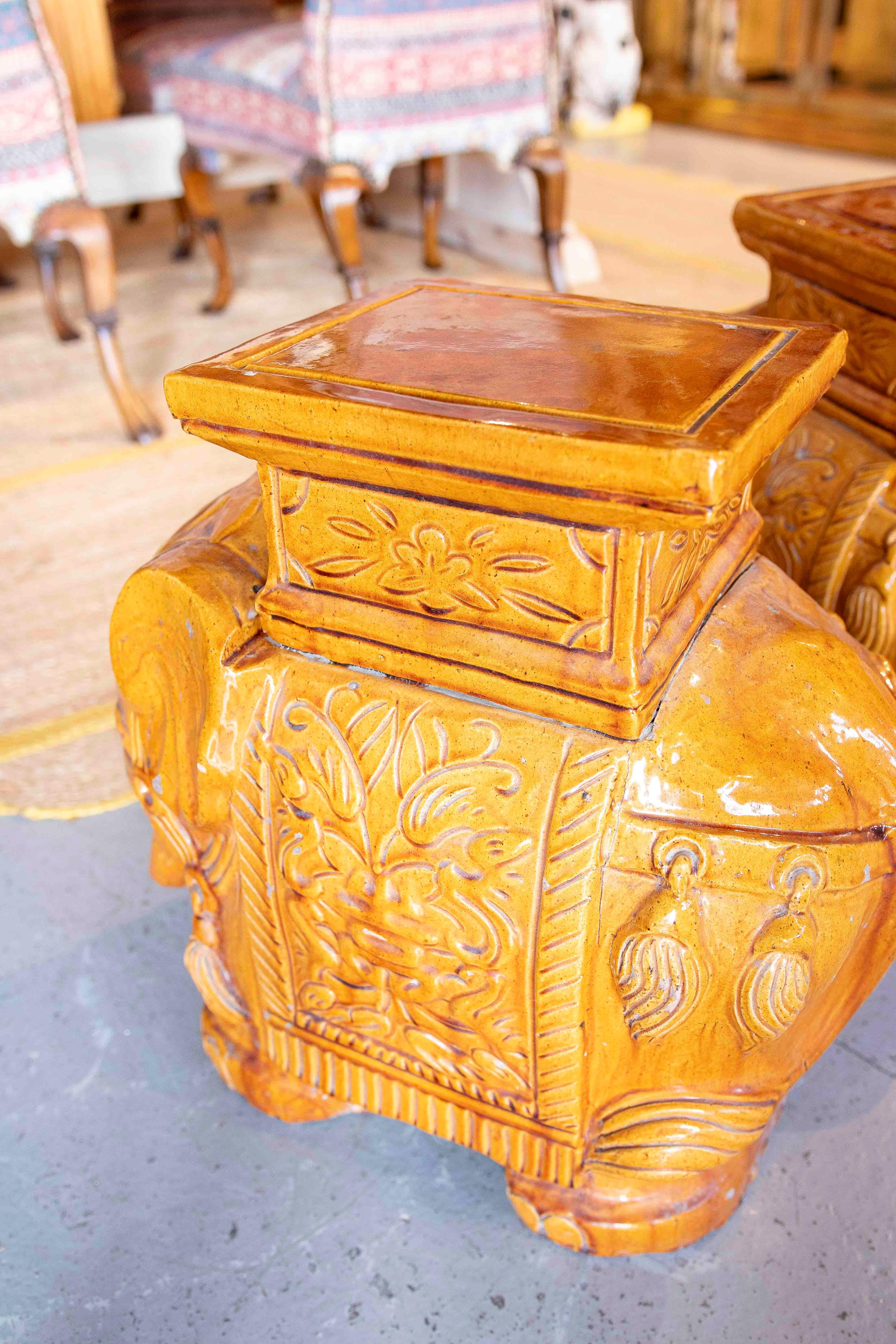 1970s Pair of Glazed Ceramic Elephant Table/Stools, Asian Style For Sale 6