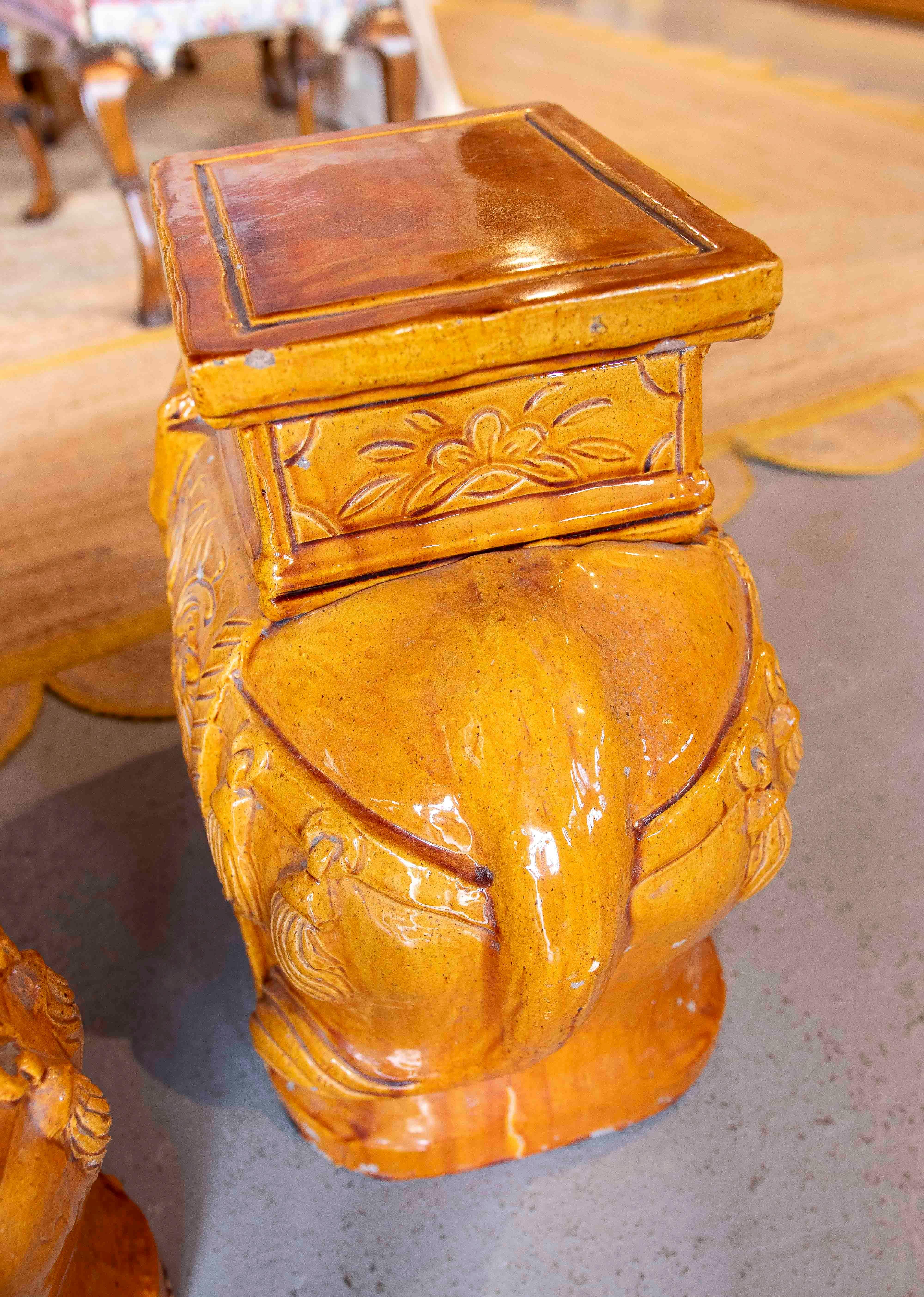 1970s Pair of Glazed Ceramic Elephant Table/Stools, Asian Style For Sale 7