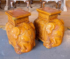 1970s Pair of Glazed Ceramic Elephant Table/Stools, Asian Style