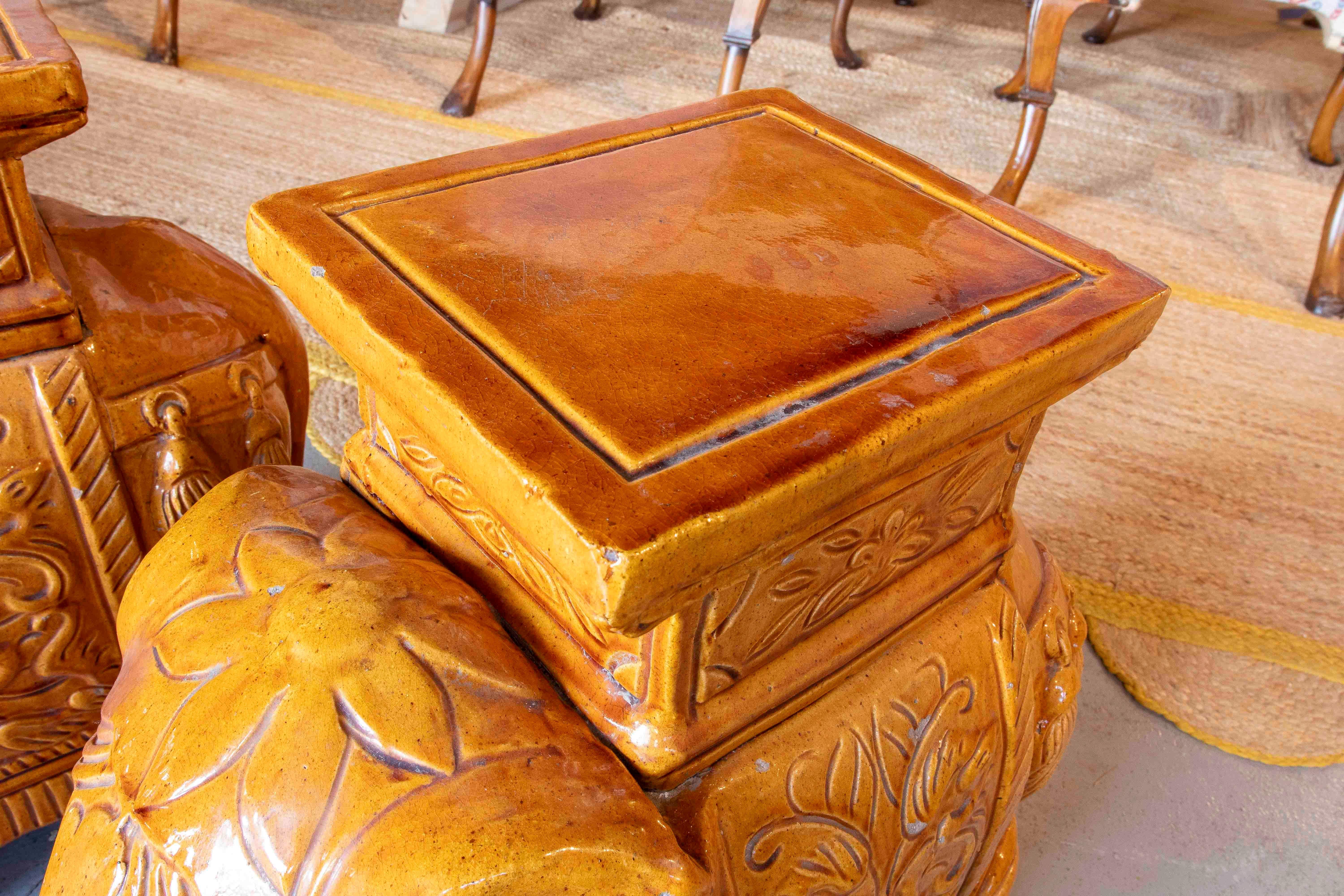 1970s Pair of Glazed Ceramic Elephant Table/Stools, Asian Style For Sale 1