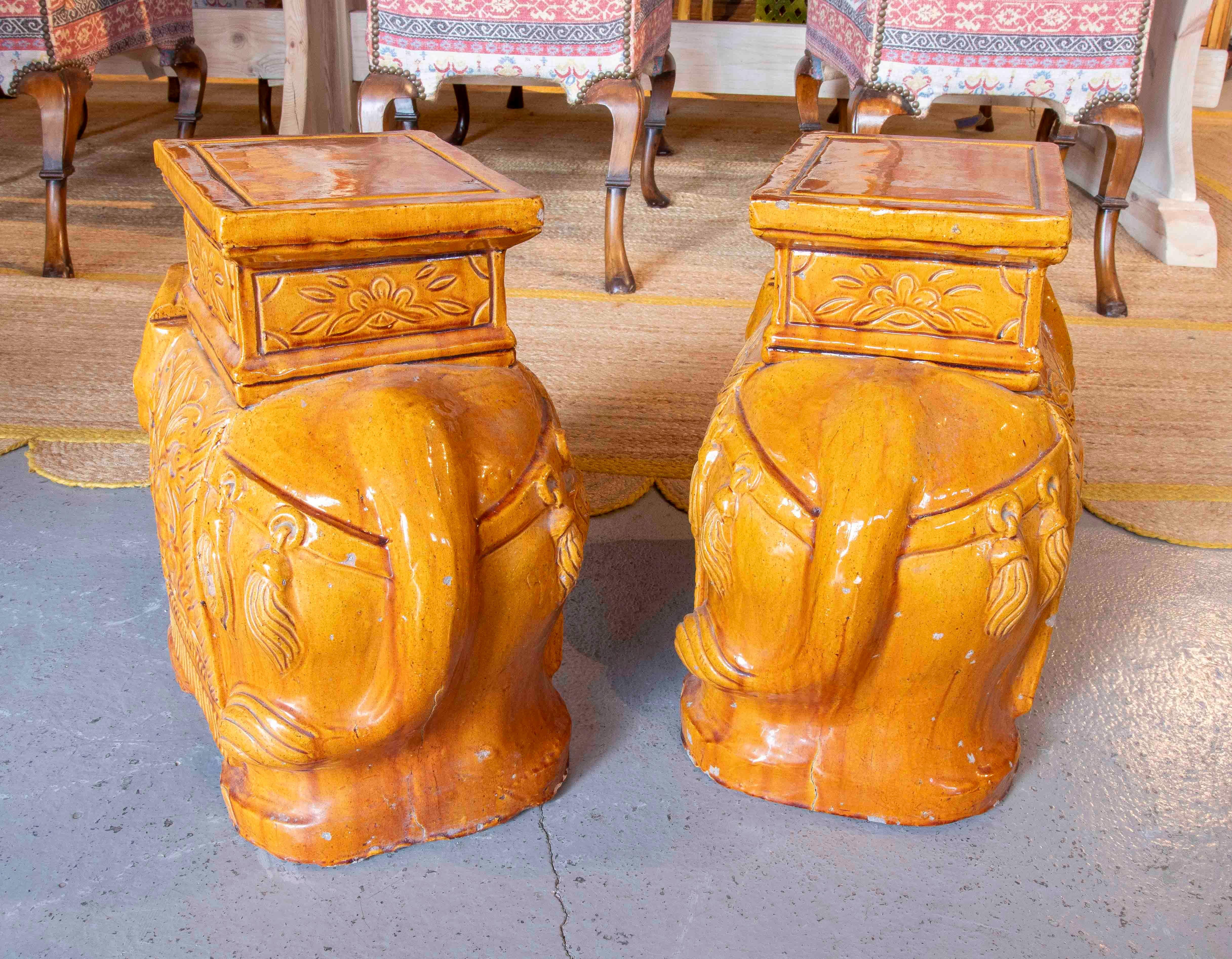 1970s Pair of Glazed Ceramic Elephant Table/Stools, Asian Style For Sale 3