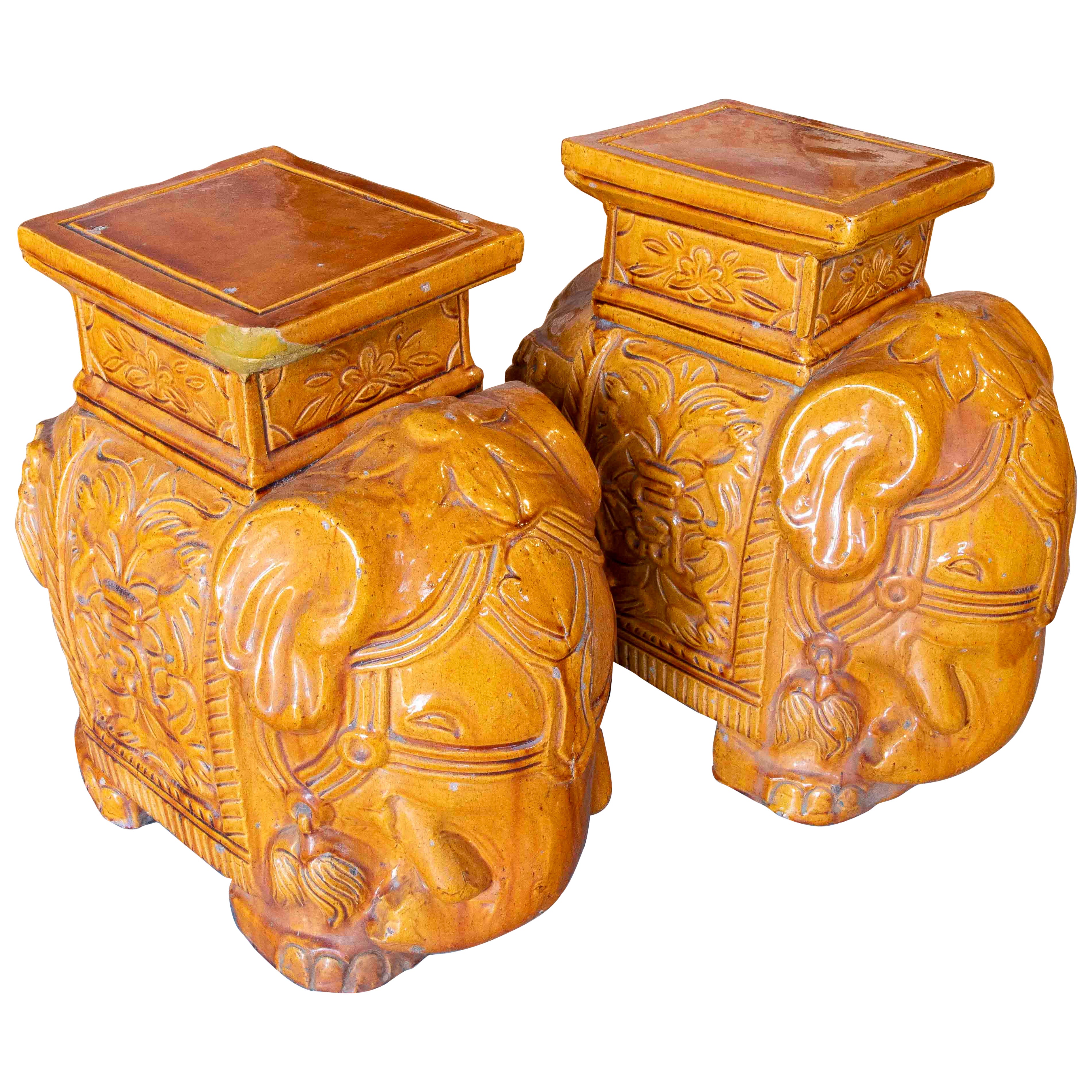 1970s Pair of Glazed Ceramic Elephant Table/Stools, Asian Style For Sale