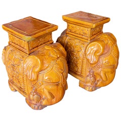 1970s Pair of Glazed Ceramic Elephant Table/Stools, Asian Style