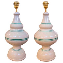 1970s Pair of Glazed Ceramic Table Lamps with Green Stripes