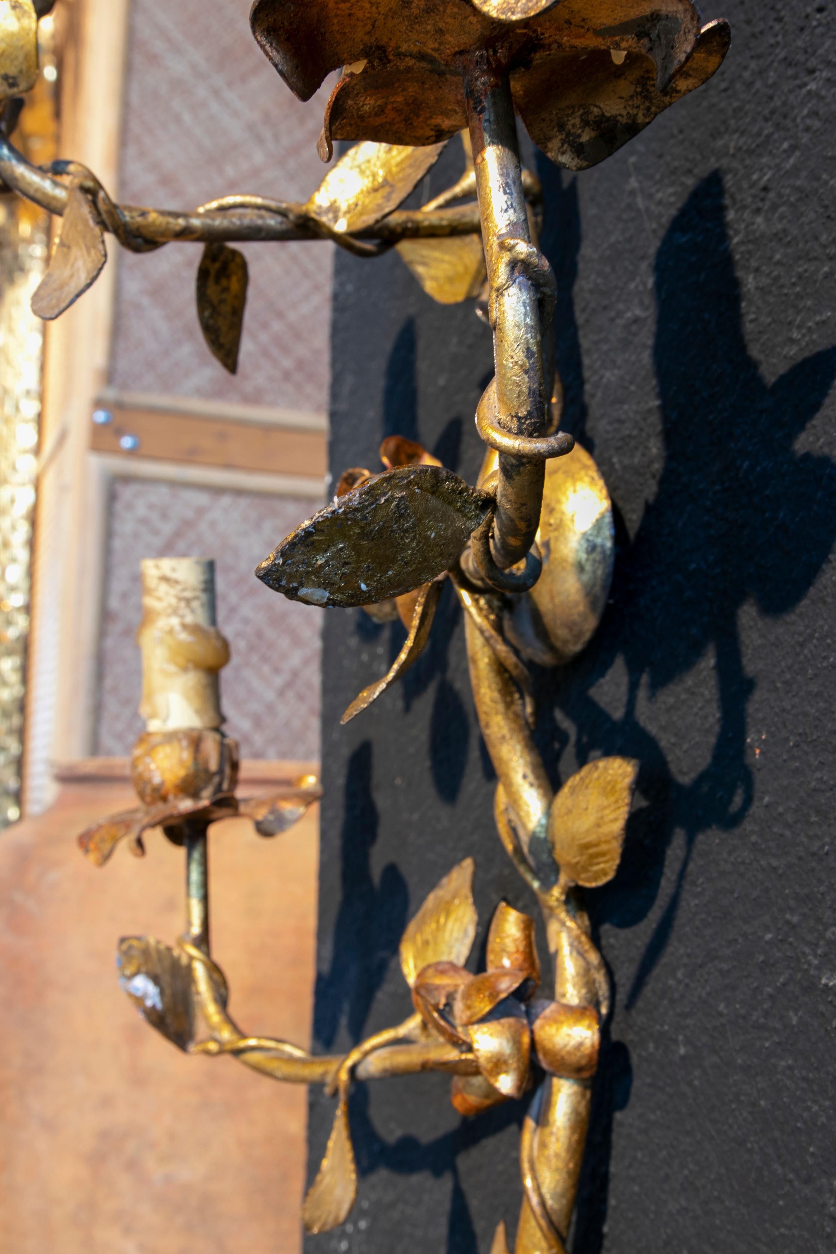 Spanish 1970s Pair of Golden Metal Wall Lamps with Floral Decoration