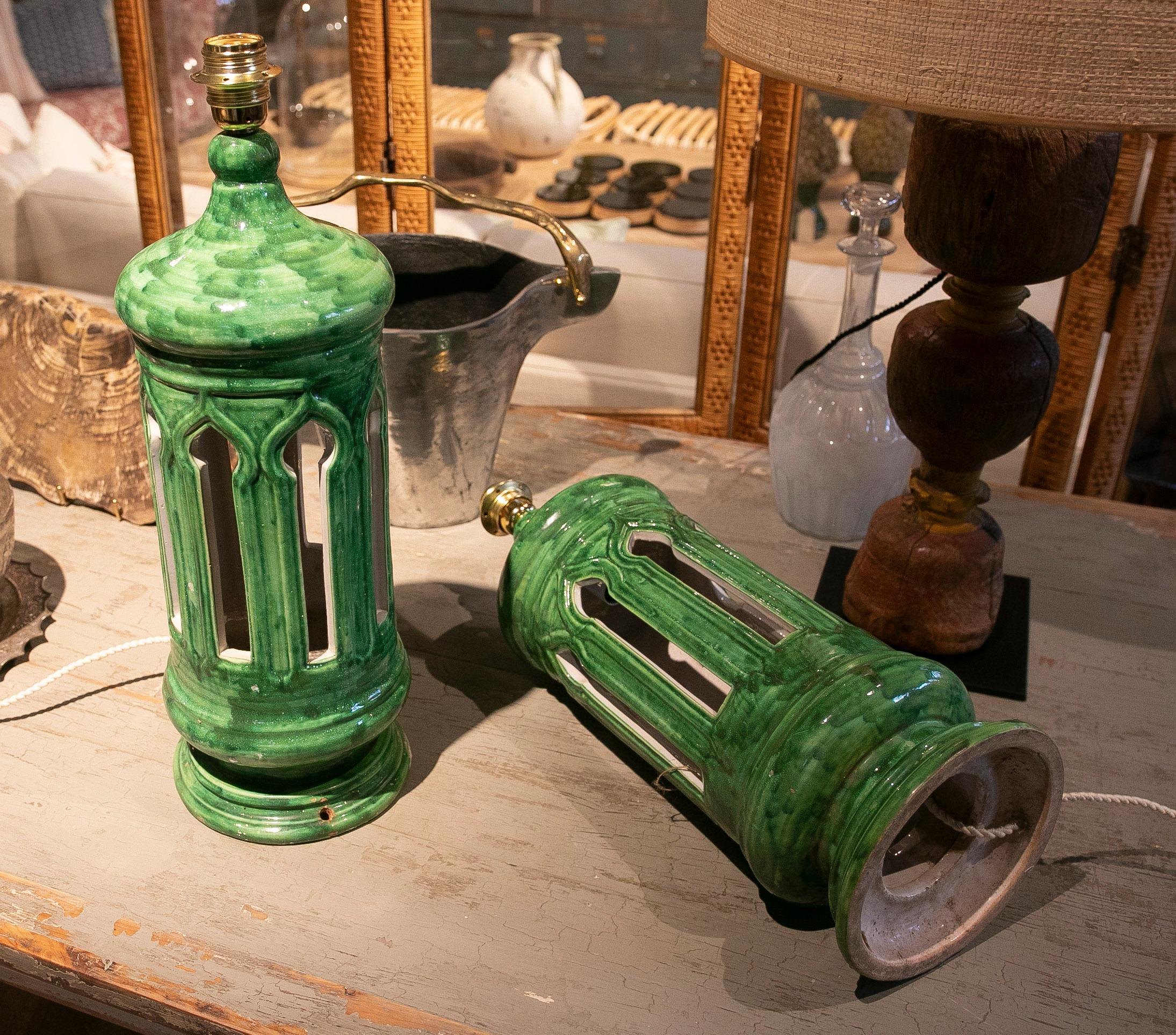 1970s Pair of Green Glazed Ceramic Lamps  For Sale 9