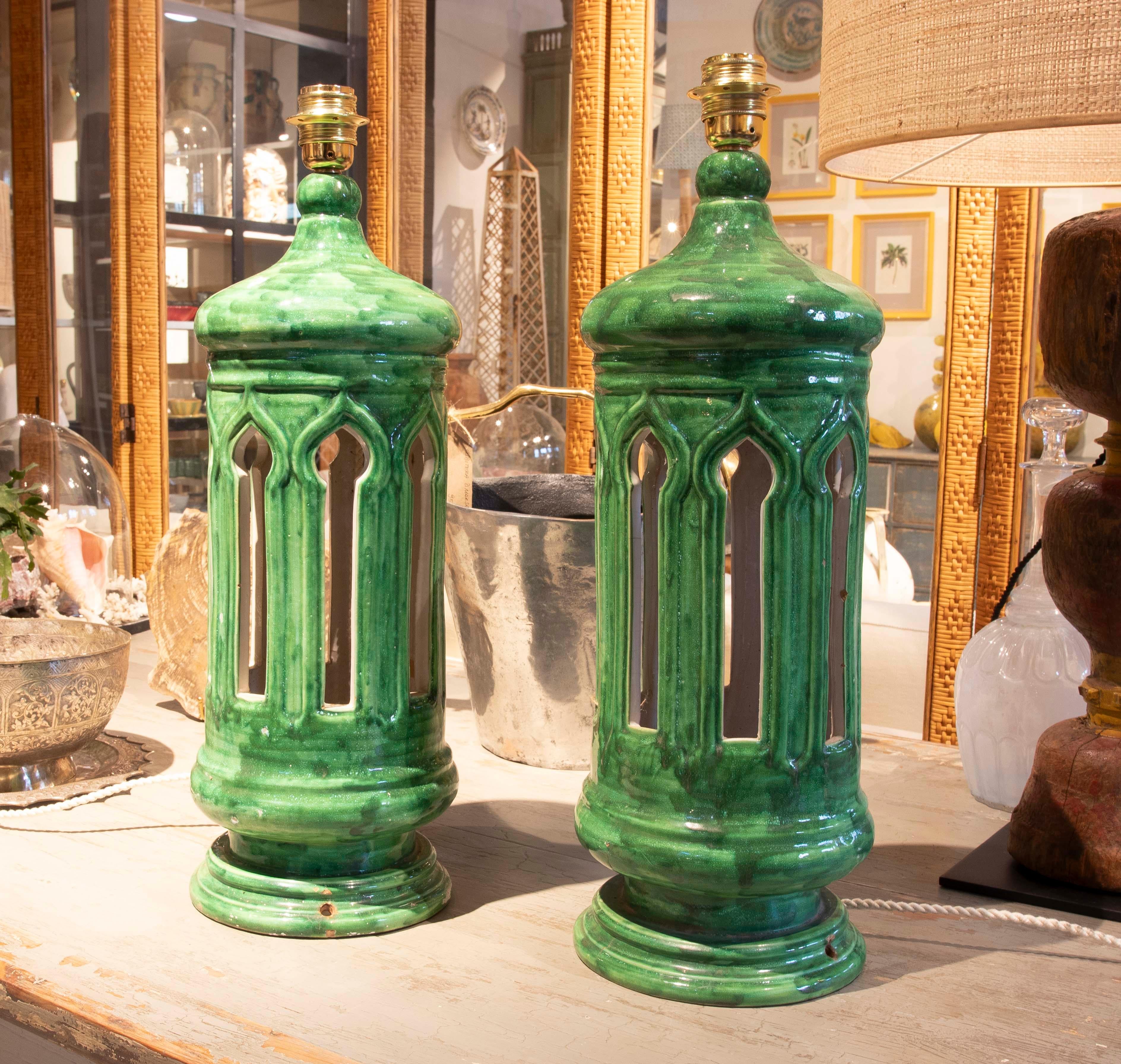 Spanish 1970s Pair of Green Glazed Ceramic Lamps  For Sale