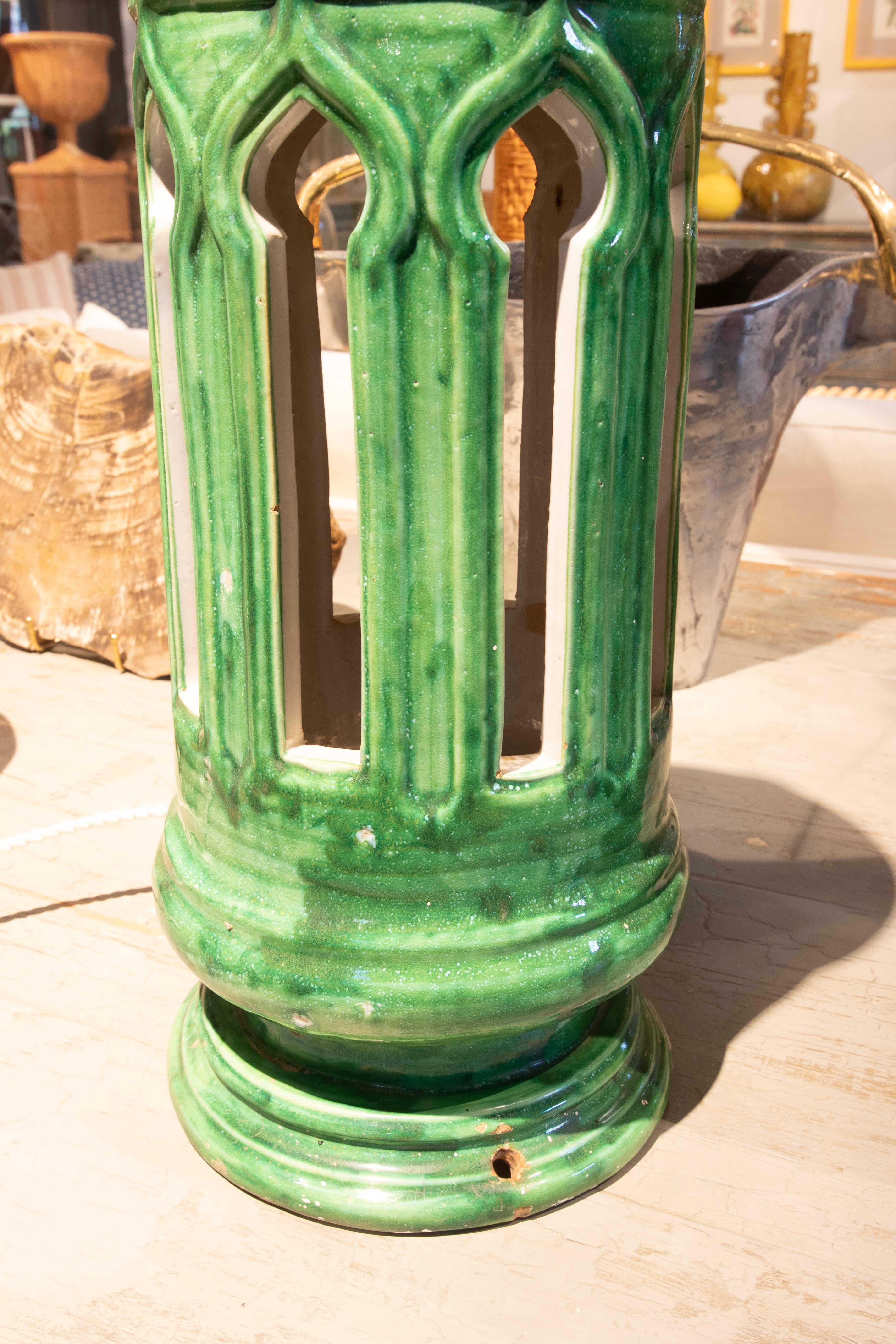 1970s Pair of Green Glazed Ceramic Lamps  For Sale 1
