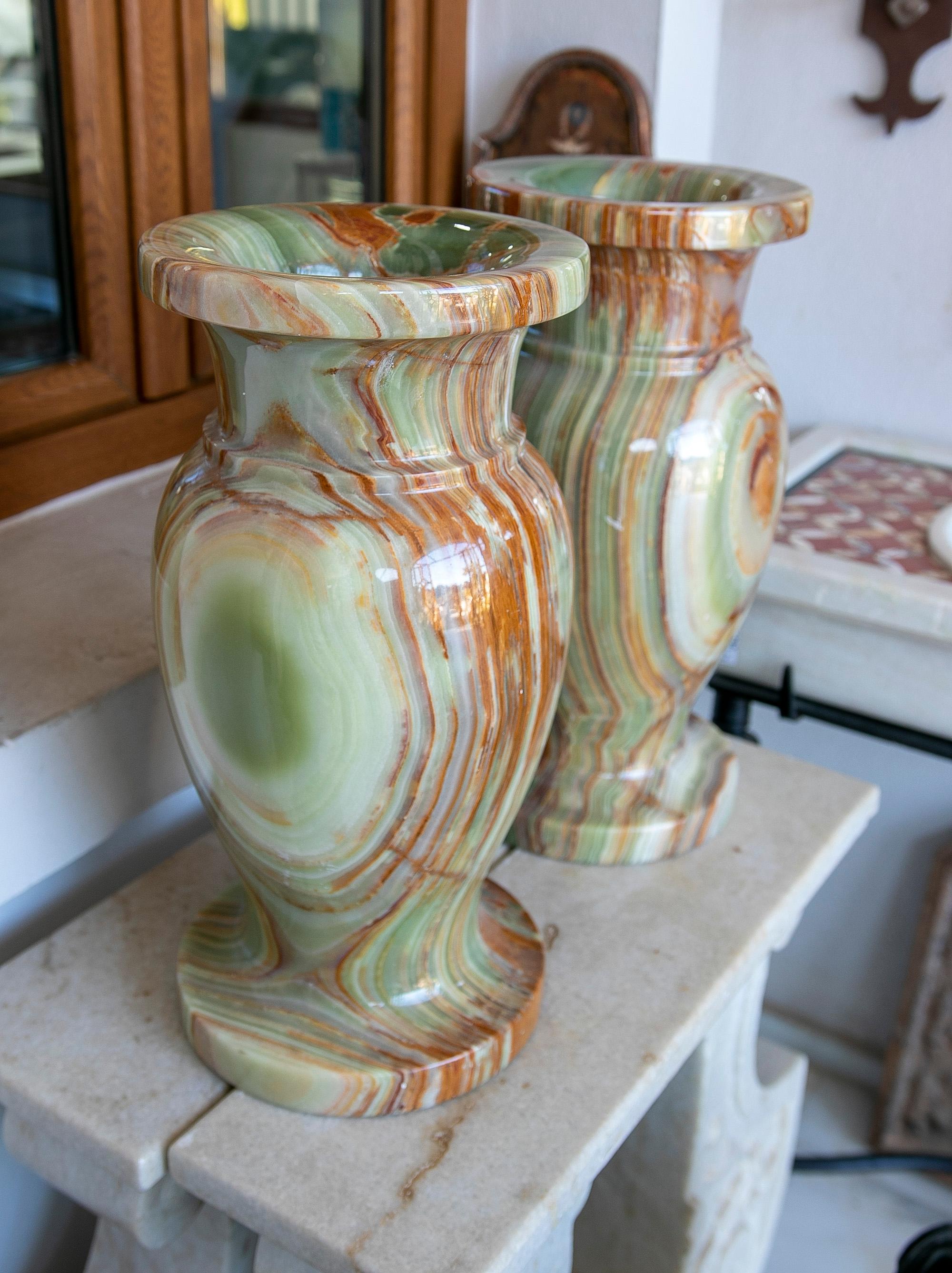 1970s Pair of Green Onyx and Brown Onyx Vases 5