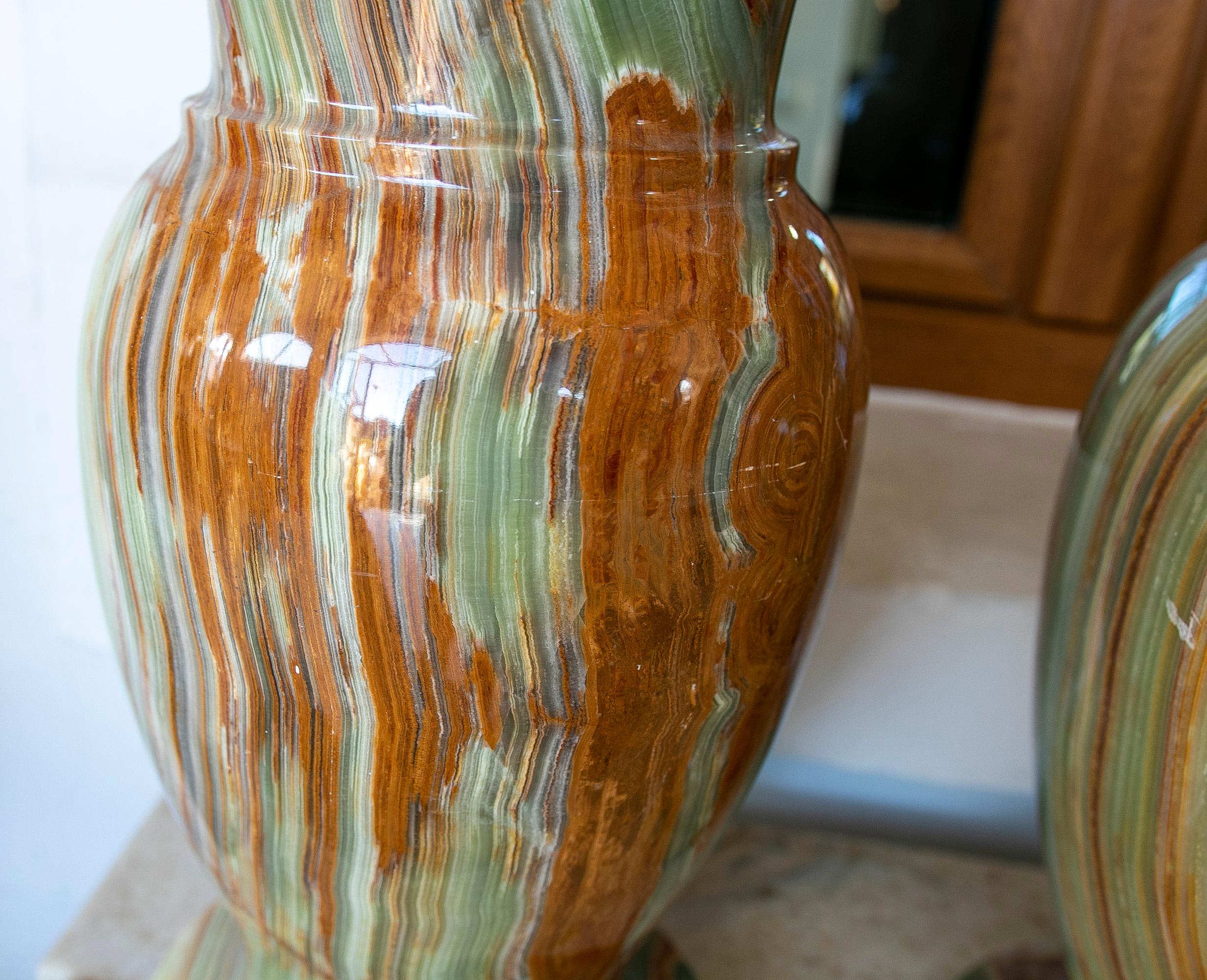 European 1970s Pair of Green Onyx and Brown Onyx Vases 