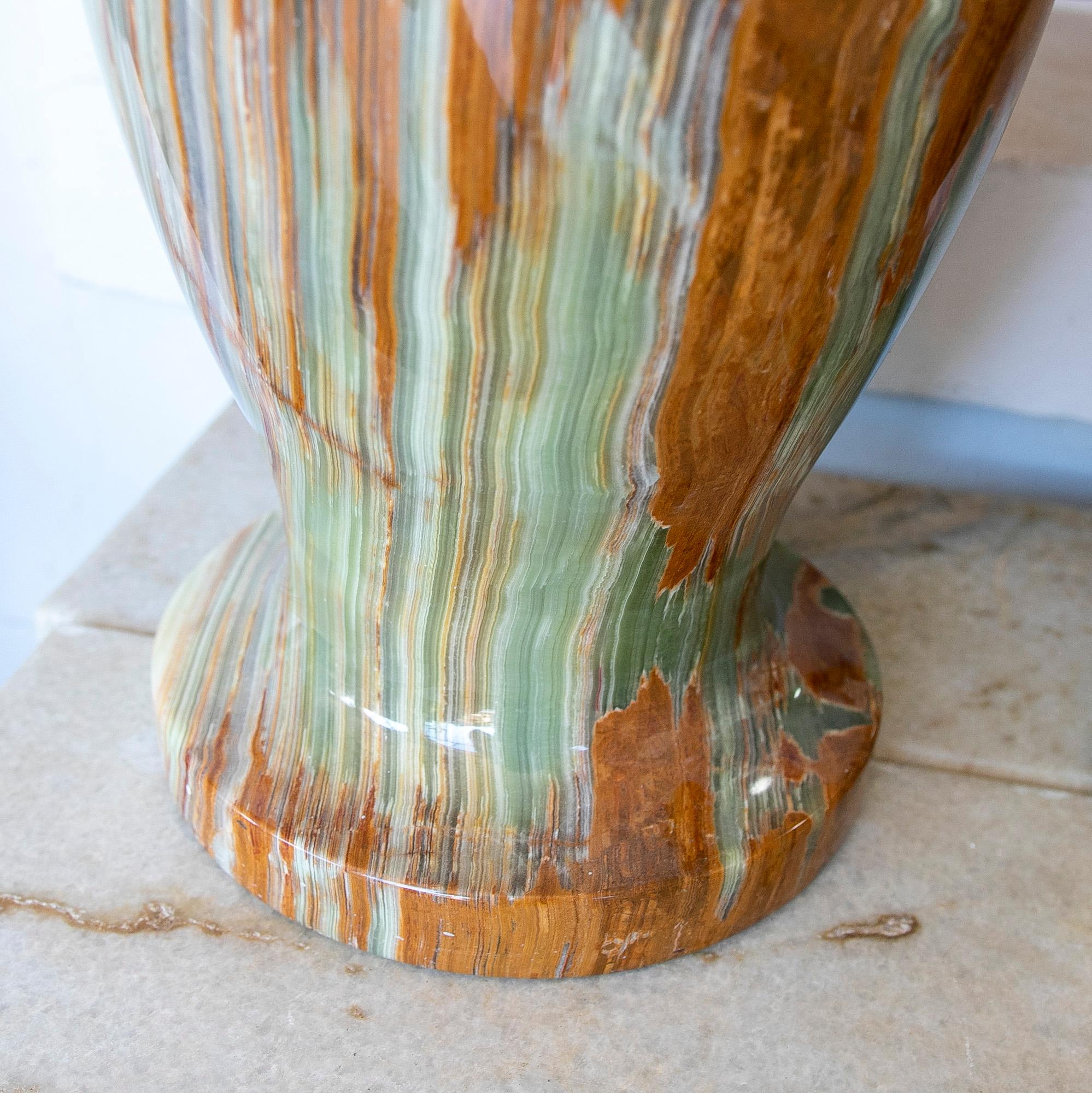 European 1970s Pair of Green Onyx and Brown Onyx Vases 