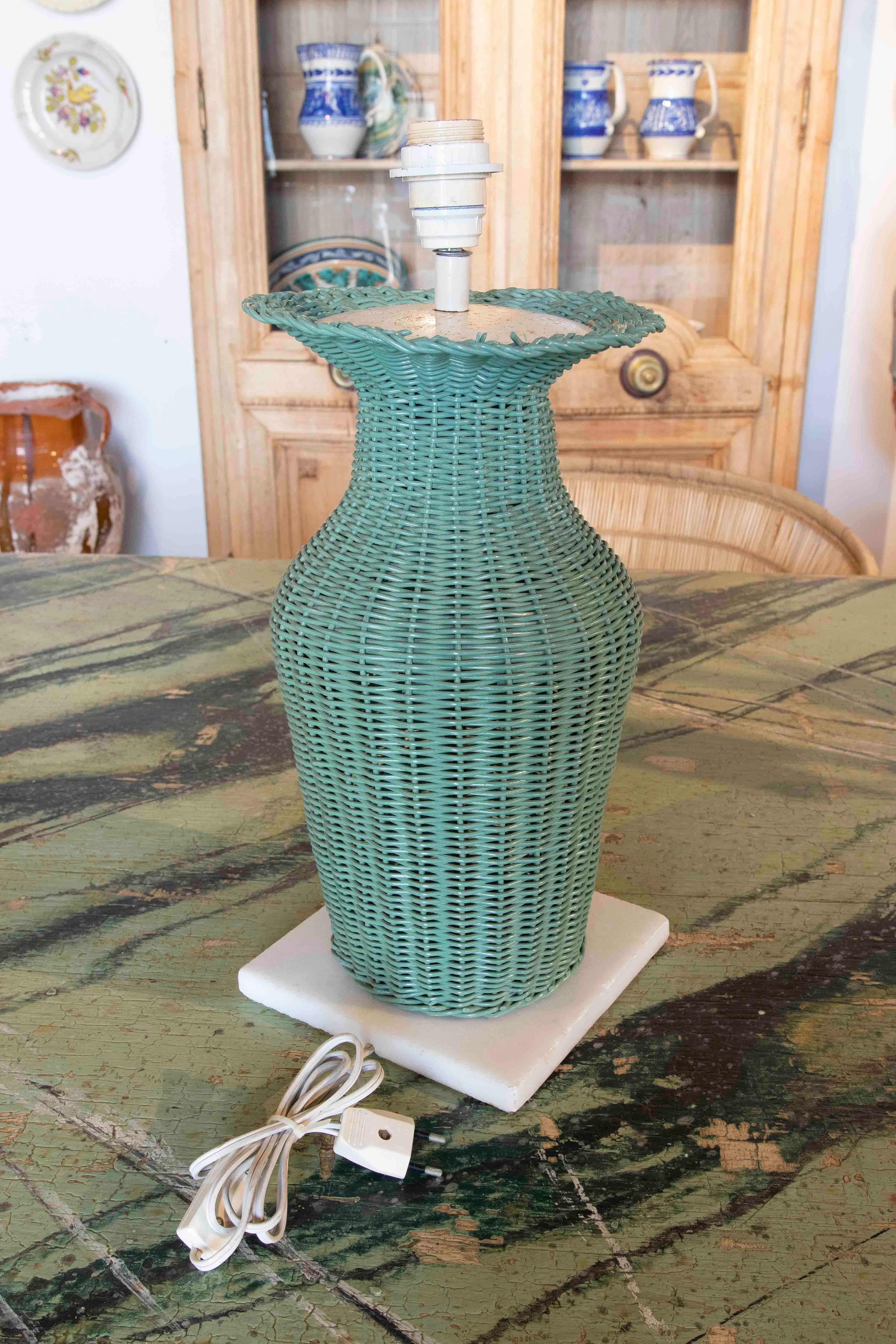 1970s Pair of Green Painted Wicker Lamps with Marble Base 5