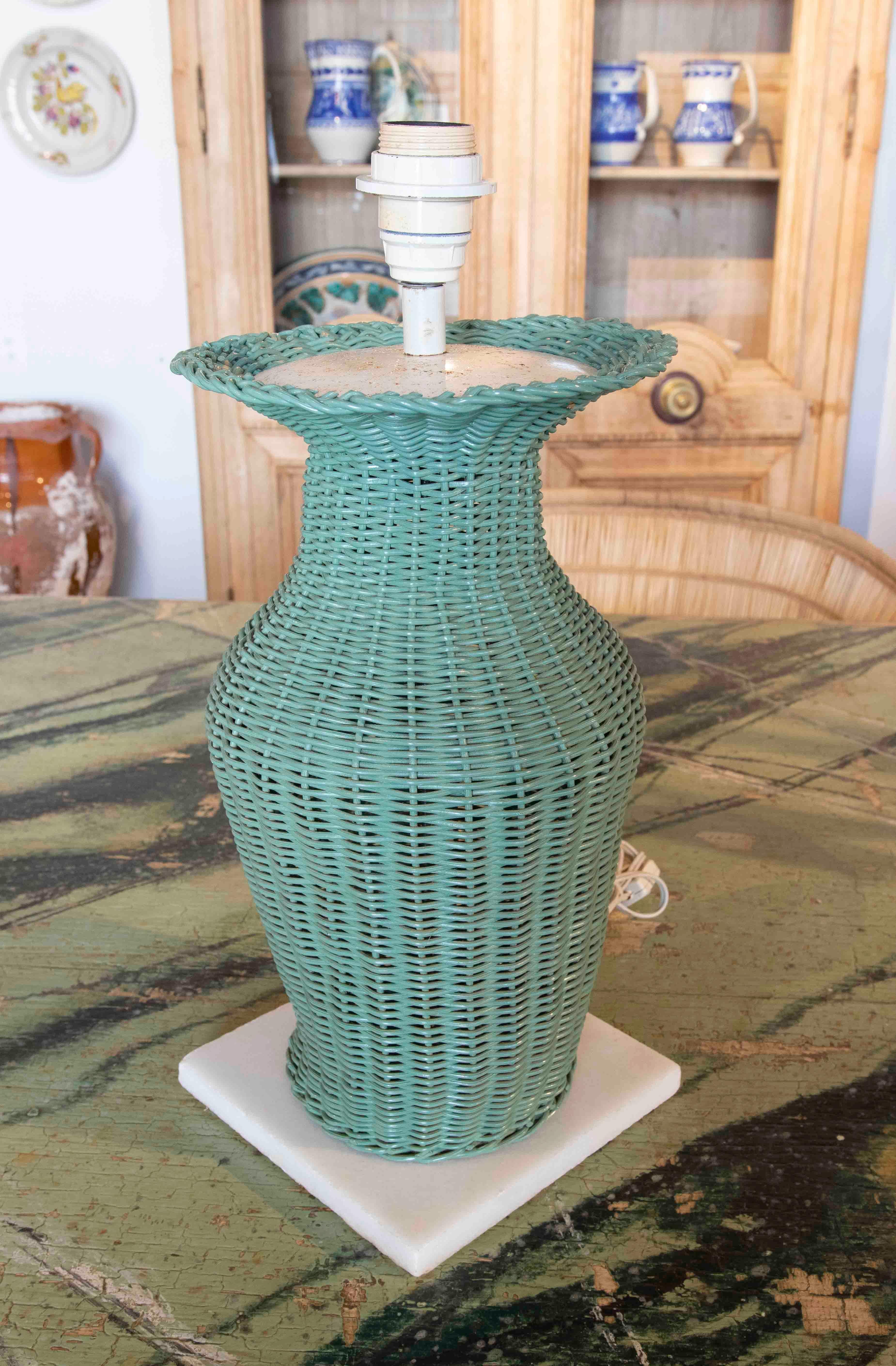1970s Pair of Green Painted Wicker Lamps with Marble Base.