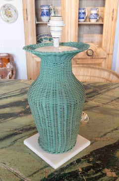 1970s Pair of Green Painted Wicker Lamps with Marble Base