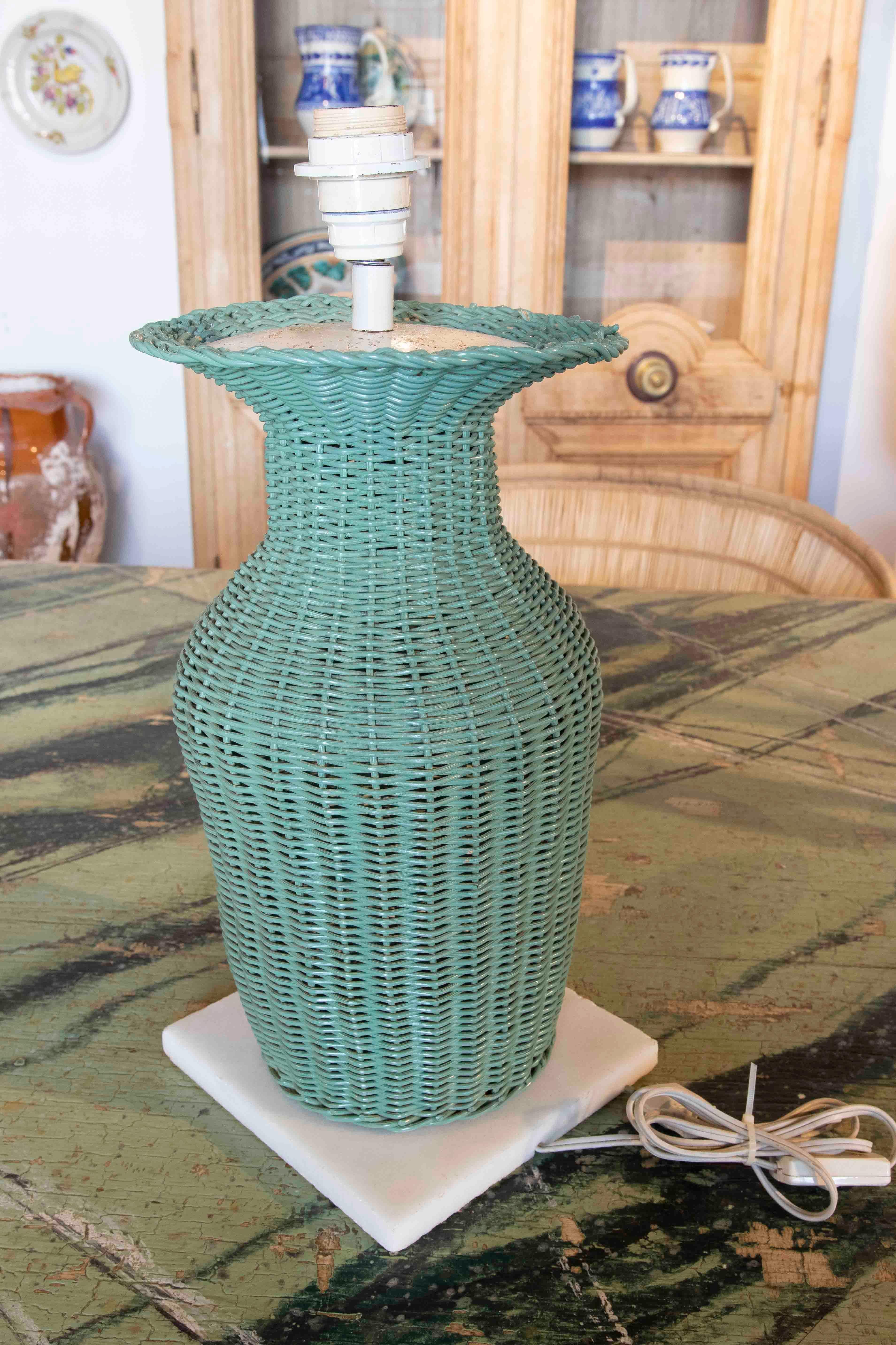 Spanish 1970s Pair of Green Painted Wicker Lamps with Marble Base