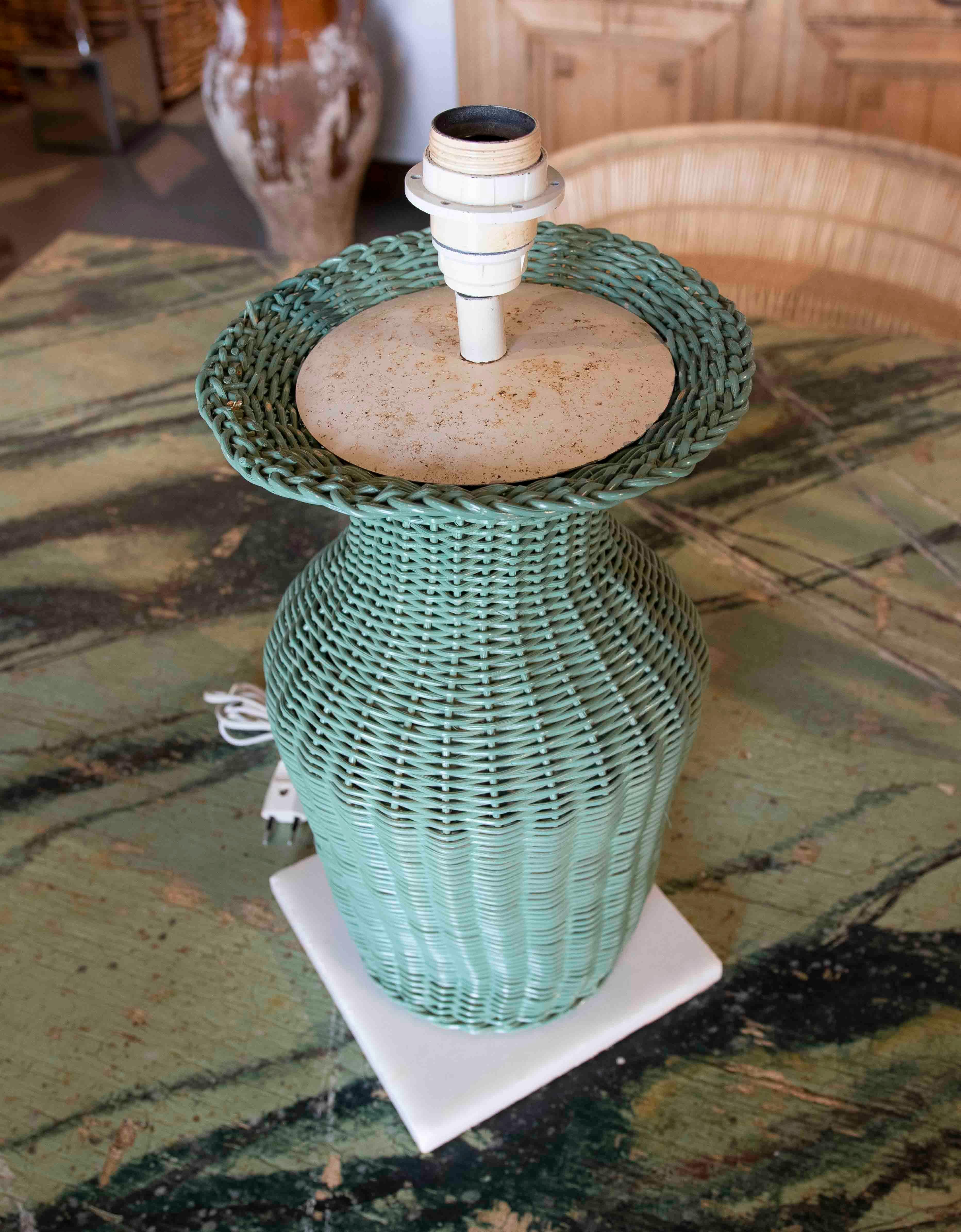 1970s Pair of Green Painted Wicker Lamps with Marble Base 1