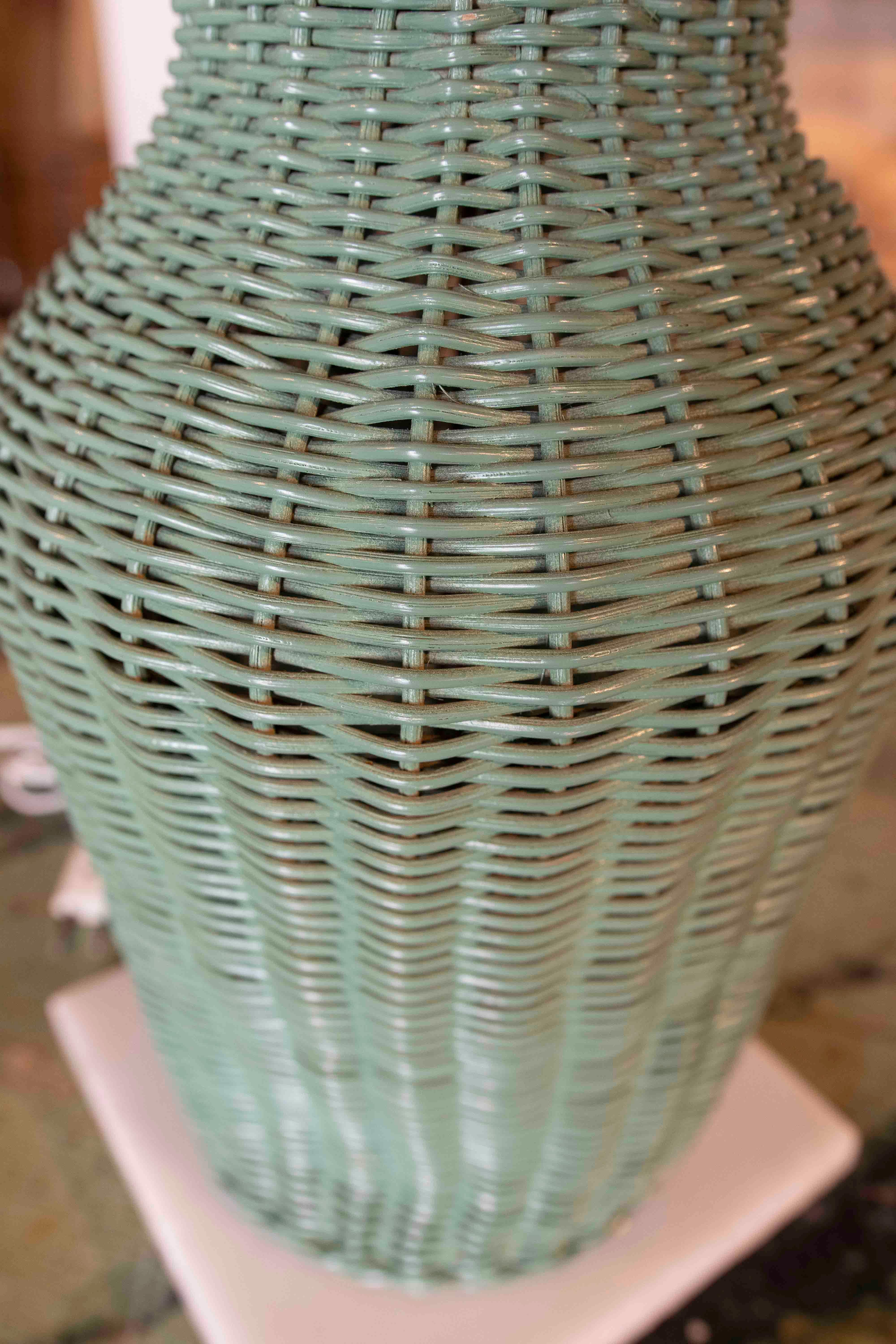 1970s Pair of Green Painted Wicker Lamps with Marble Base 2