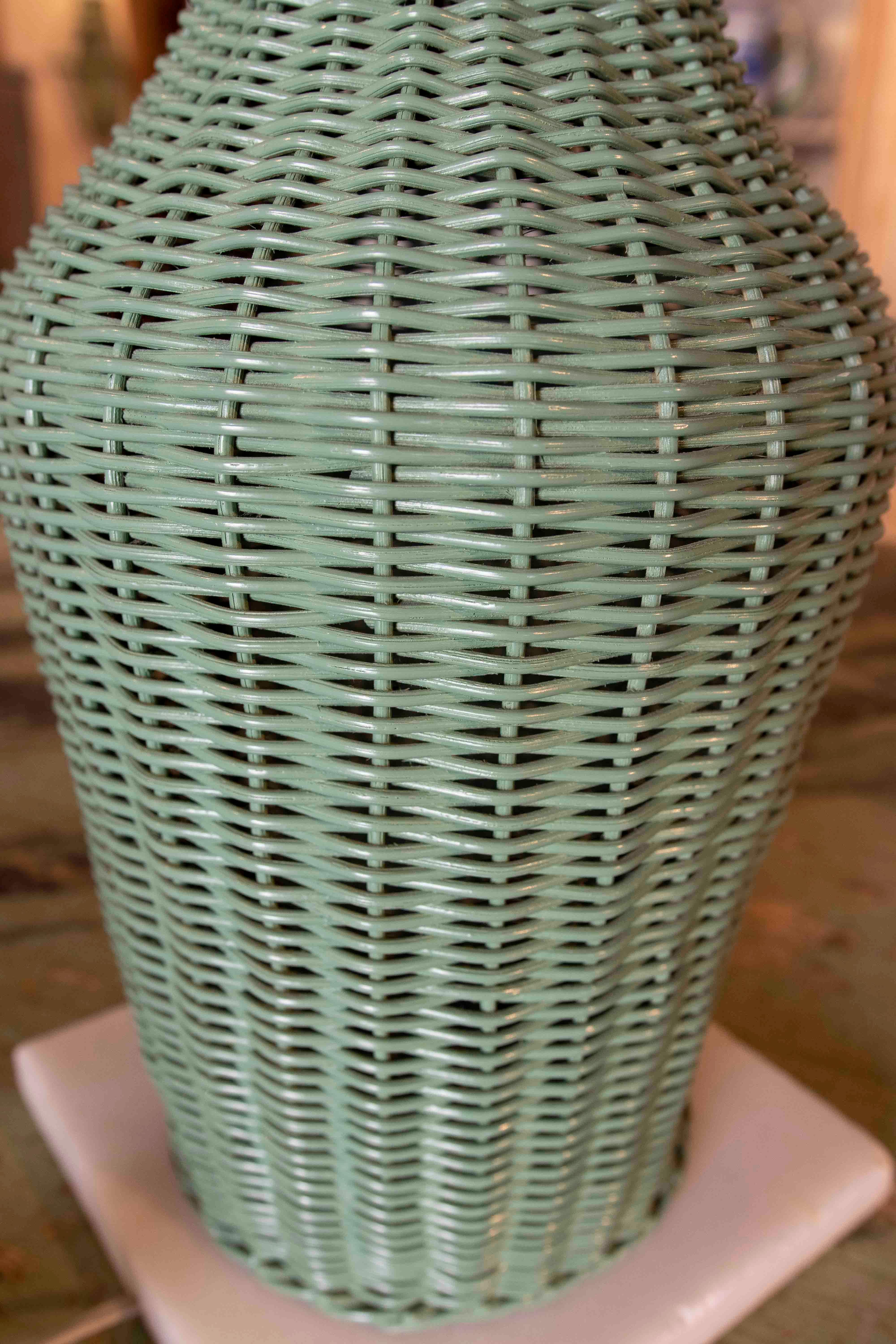 1970s Pair of Green Painted Wicker Lamps with Marble Base 3