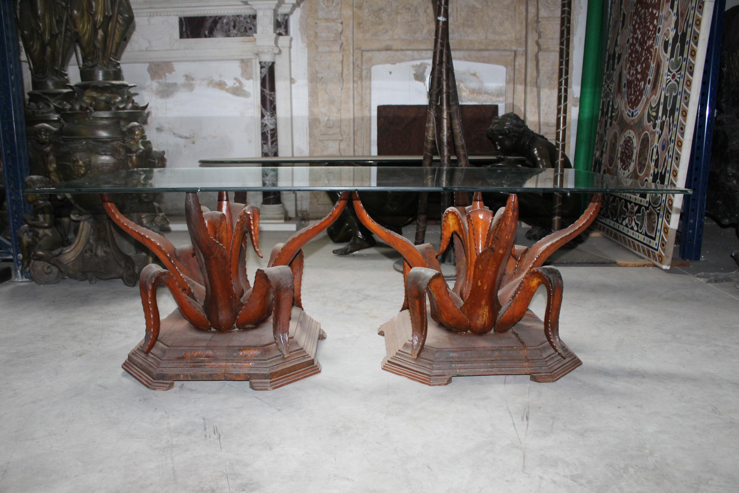 Spanish 1970s Pair of Hand-Carved Coffee Table Wooden Bases