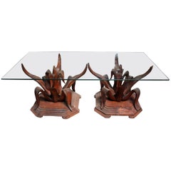 1970s Pair of Hand-Carved Coffee Table Wooden Bases