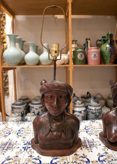 1970s Pair of Hand Carved Wooden African Bust Figure Sculpture Table Lamps