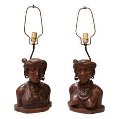 Retro 1970s Pair of Hand Carved Wooden African Bust Figure Sculpture Table Lamps