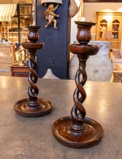 1970s Pair of Hand Carved Wooden Candlesticks with Salomonic Style Shafts