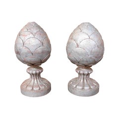 1970s Pair of Hand Carved Wooden Pineapple Finials with Silver Color Finish