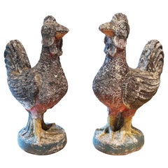1970s Pair of Hand-Painted Cement Roosters with Antique Patina