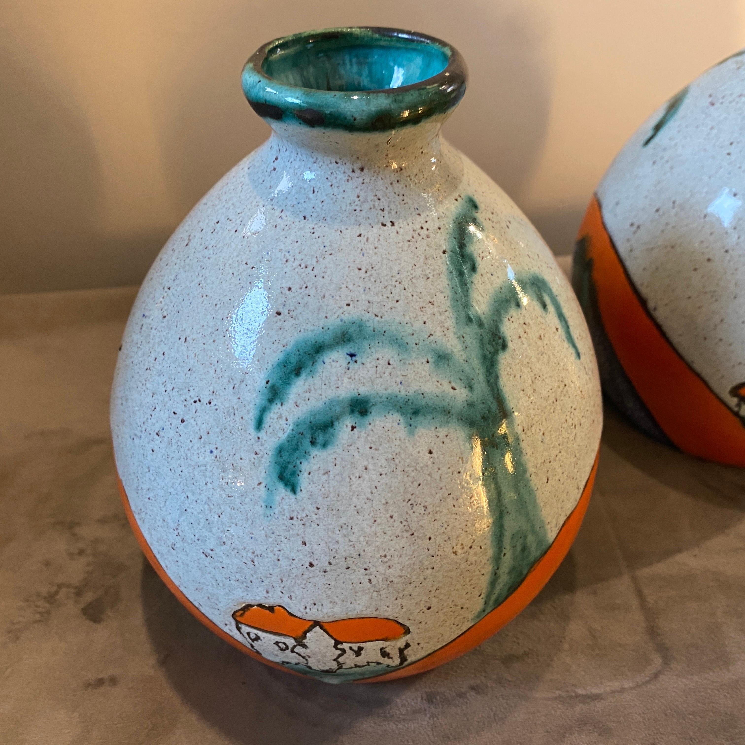 1970s Pair of Hand Painted Ceramic Belgian Vases by Ceramique De Bruxelles For Sale 4