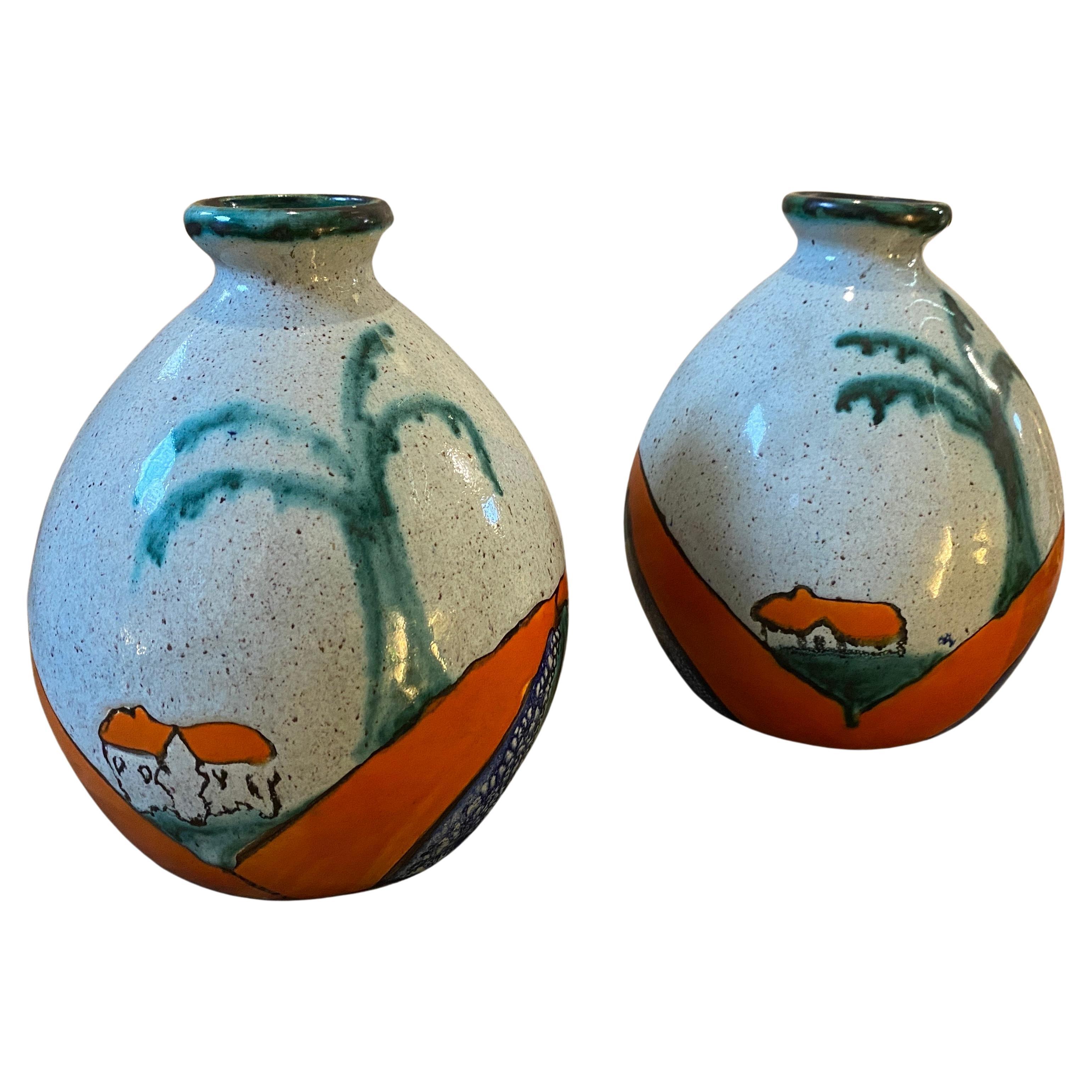 1970s Pair of Hand Painted Ceramic Belgian Vases by Ceramique De Bruxelles For Sale