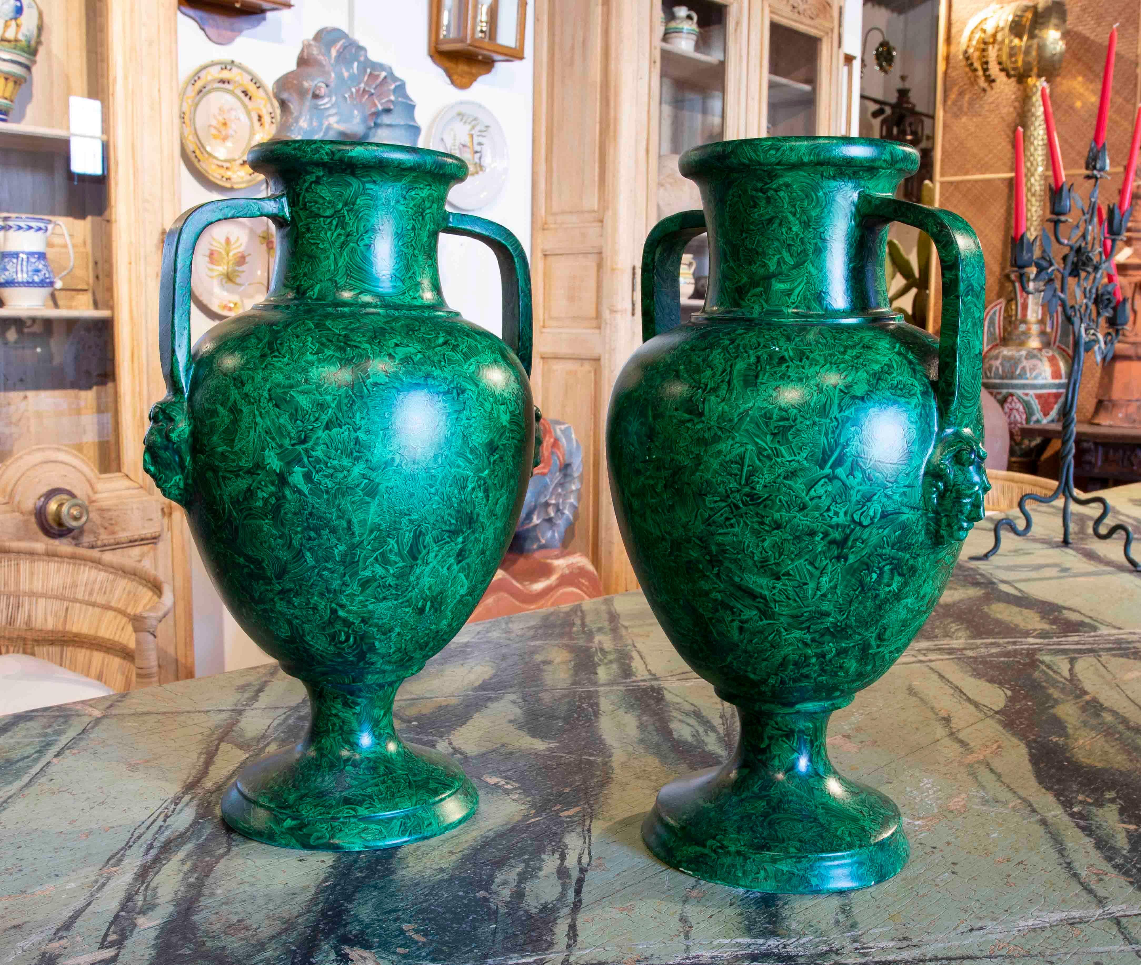 Hand-Painted 1970s Pair of Hand Painted Ceramic Cups Imitating Malachite For Sale