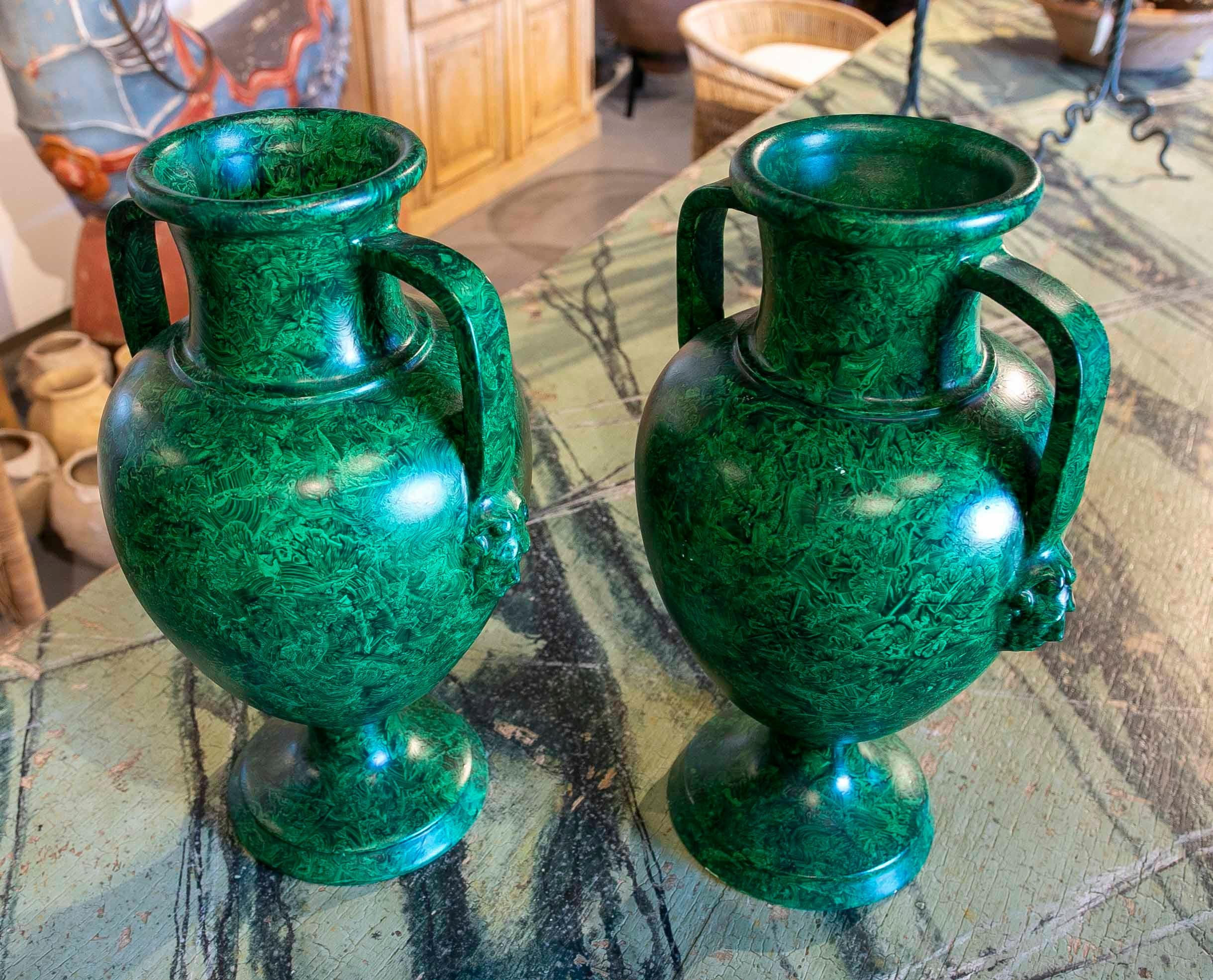 20th Century 1970s Pair of Hand Painted Ceramic Cups Imitating Malachite For Sale