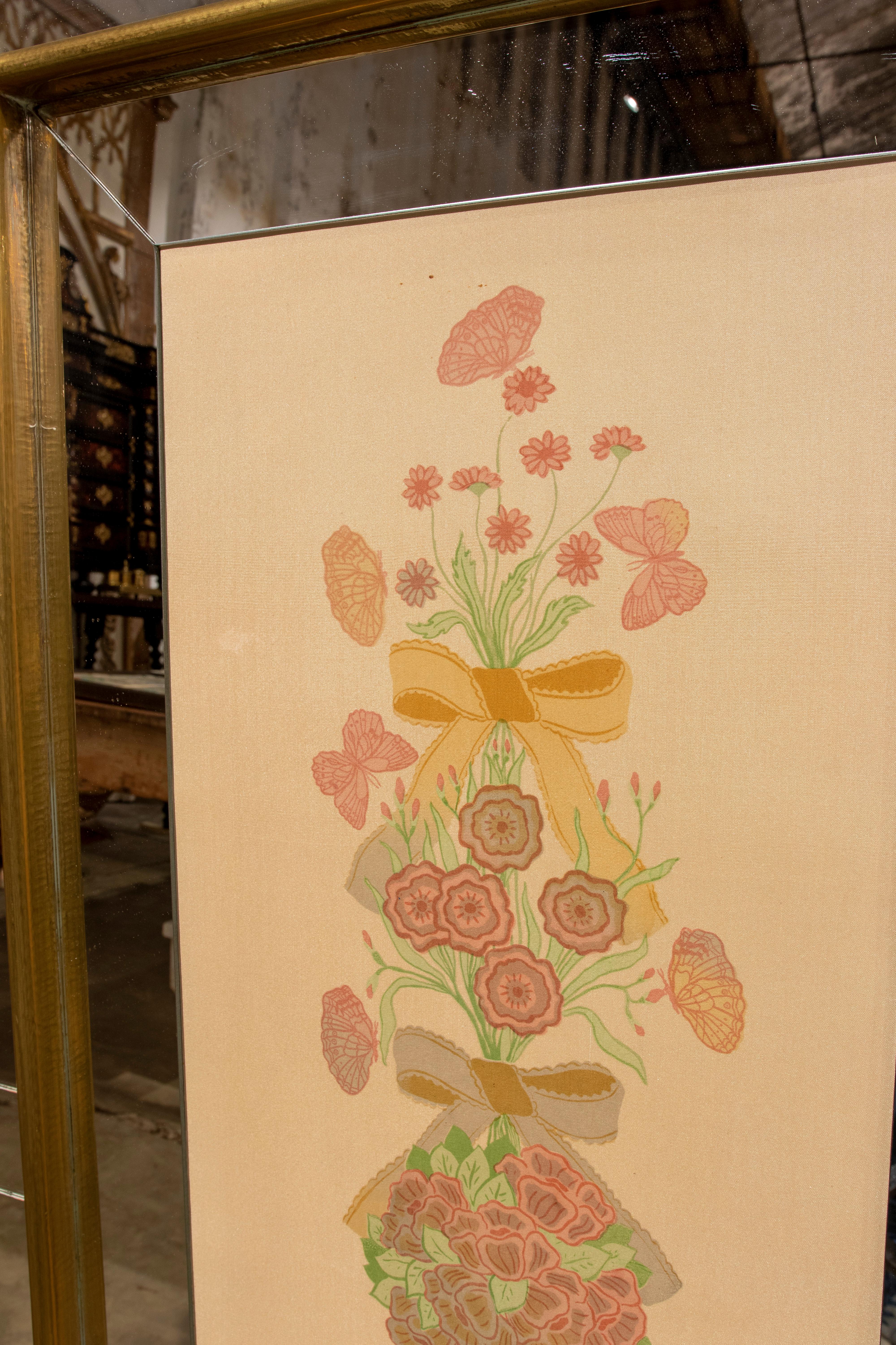 1970s Pair of hand-painted flower paintings on silk with brass plated frames