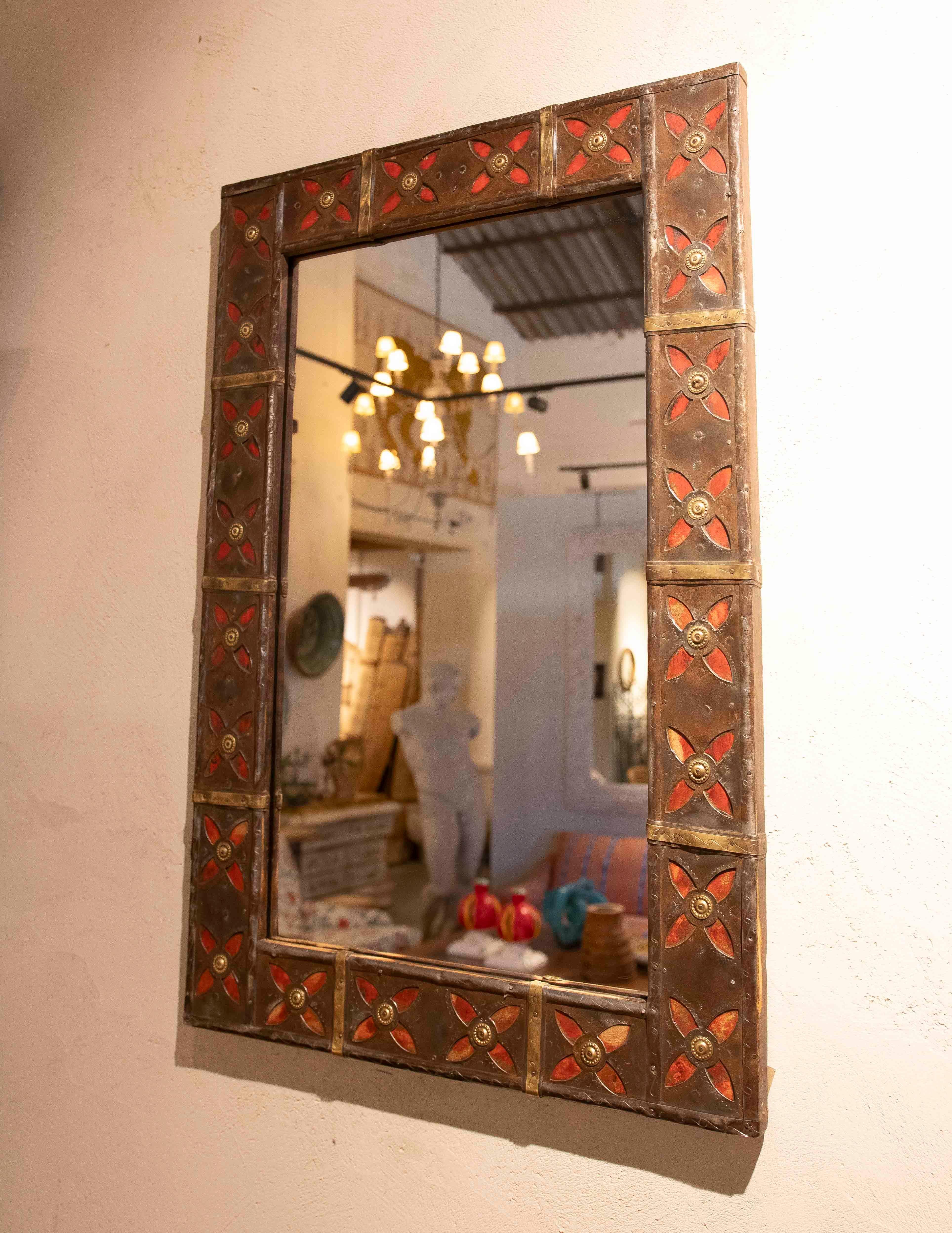 1970s Pair of Handcrafted Mirrors with Iron-Decorated Frames and Red Details For Sale 7